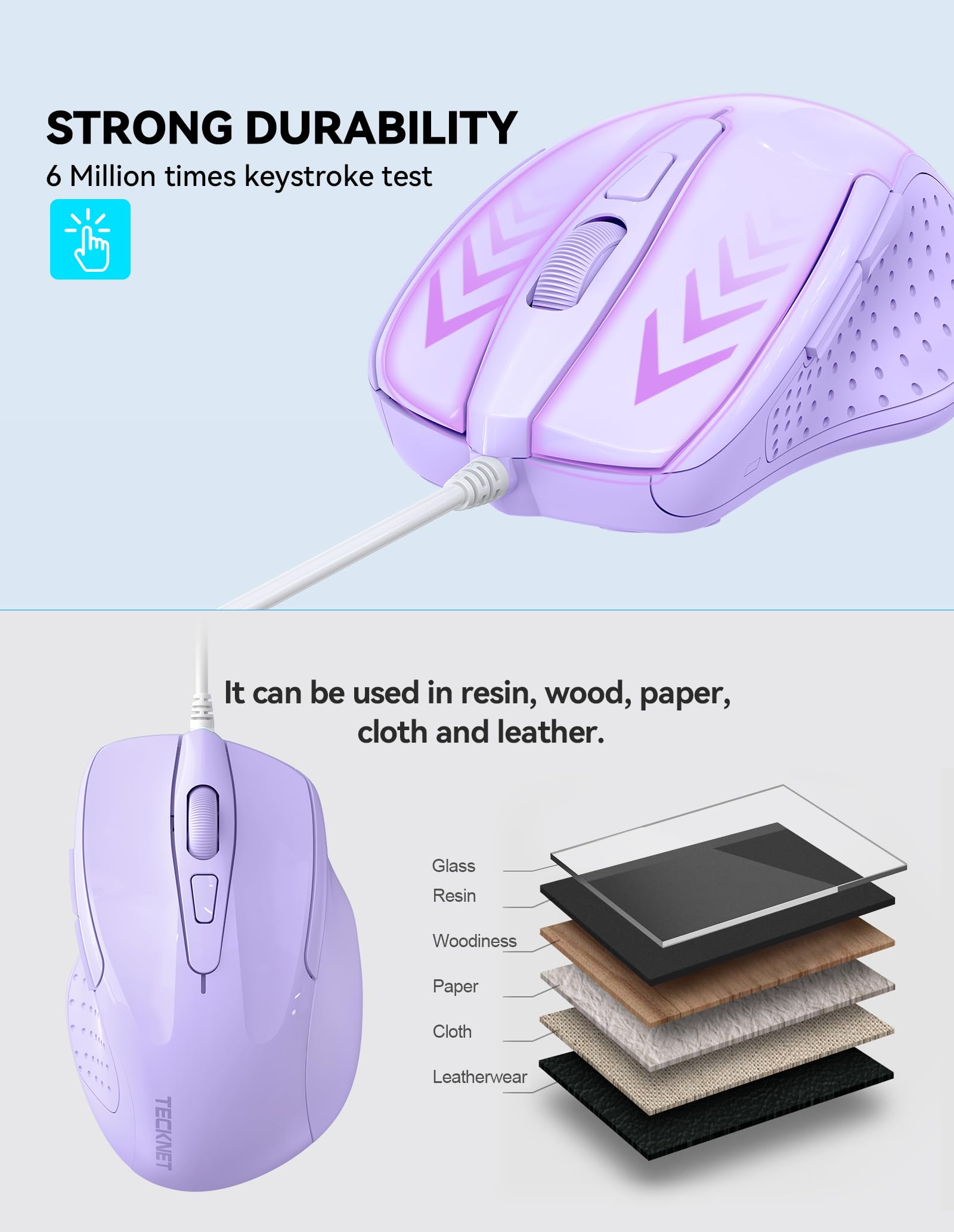 Tecknet Usb Wired Mouse, 6 Button Corded Mouse With 4 Adjustable Dpi, Optical Computer Mouse With Ergonomic Design And 5Ft Cord For Laptop, Chromebook, Pc, Desktop, Mac, Notebook  Lt.Purple