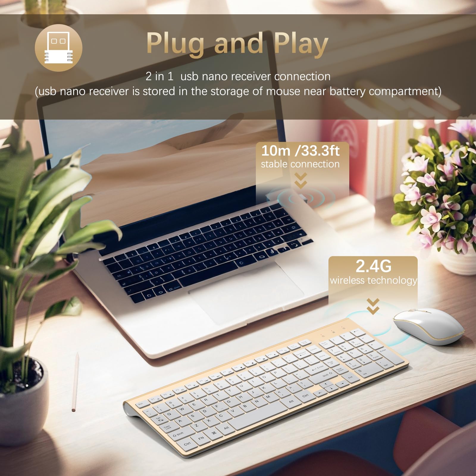 J Joyaccess Wireless Keyboard And Mouse Combo, Ergonomic And Quiet Wireless Keyboard And Mouse Set, Portable And Customizable Dp