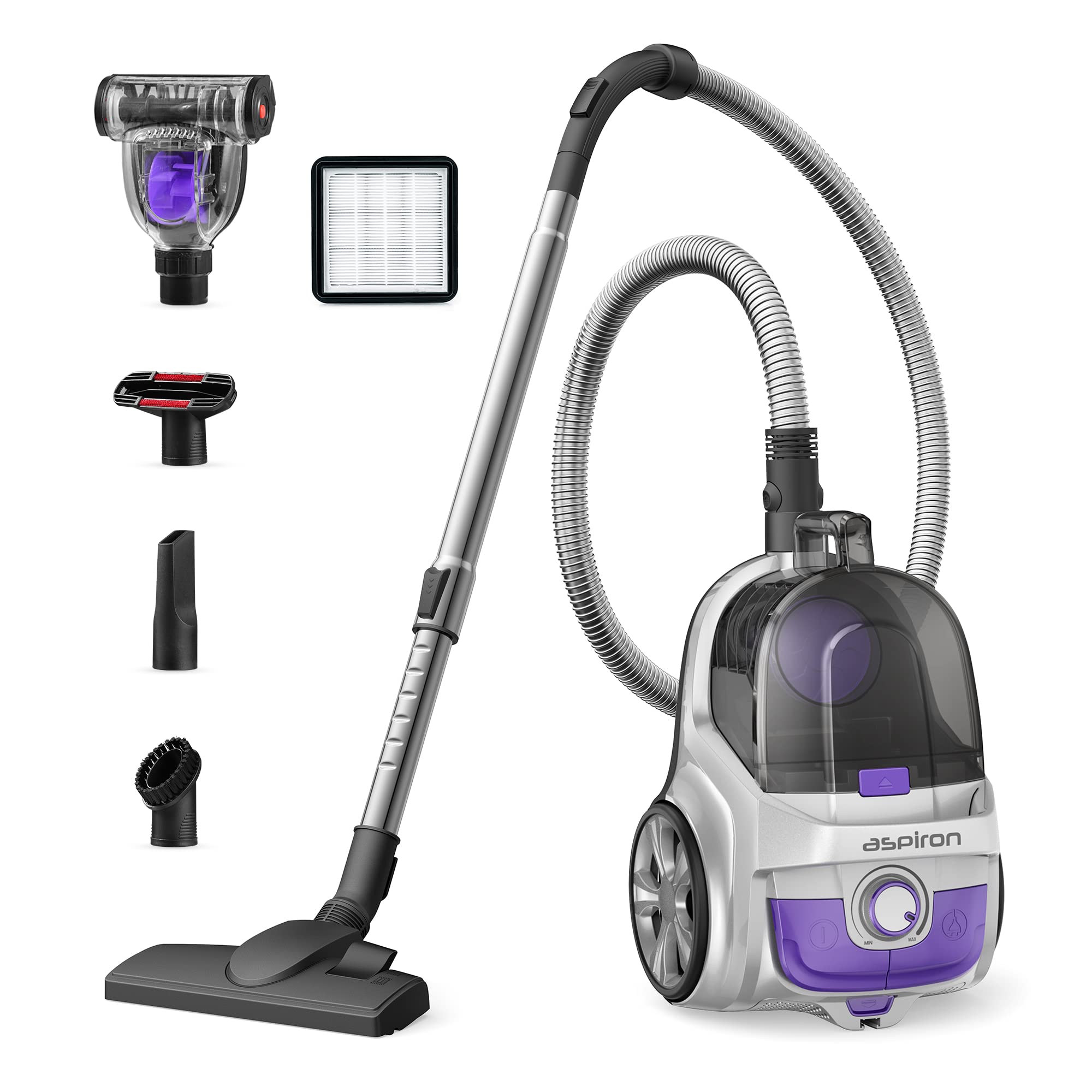 Aspiron Canister Vacuum Cleaner, 24Kpa Bagless Vacuum Cleaner, 3.7Qt Large Dust Cup, Double Hepa Filter, Retractable Cord, 1200W