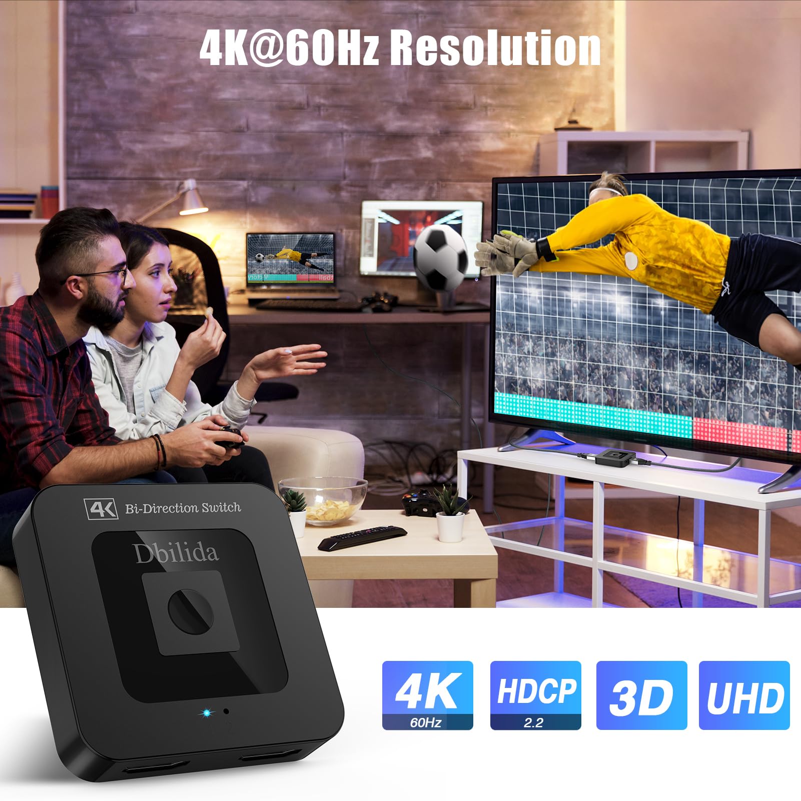 Dbilida Hdmi Switch Splitter 4K@60Hz, Bi Directional Hdmi 2.0 Switcher 2 In 1 Out, Hdmi Splitter 1 In 2 Out Support 4K 3D Hdr For Xbox Ps5/4/3 Blu Ray Player Fire Stick Roku