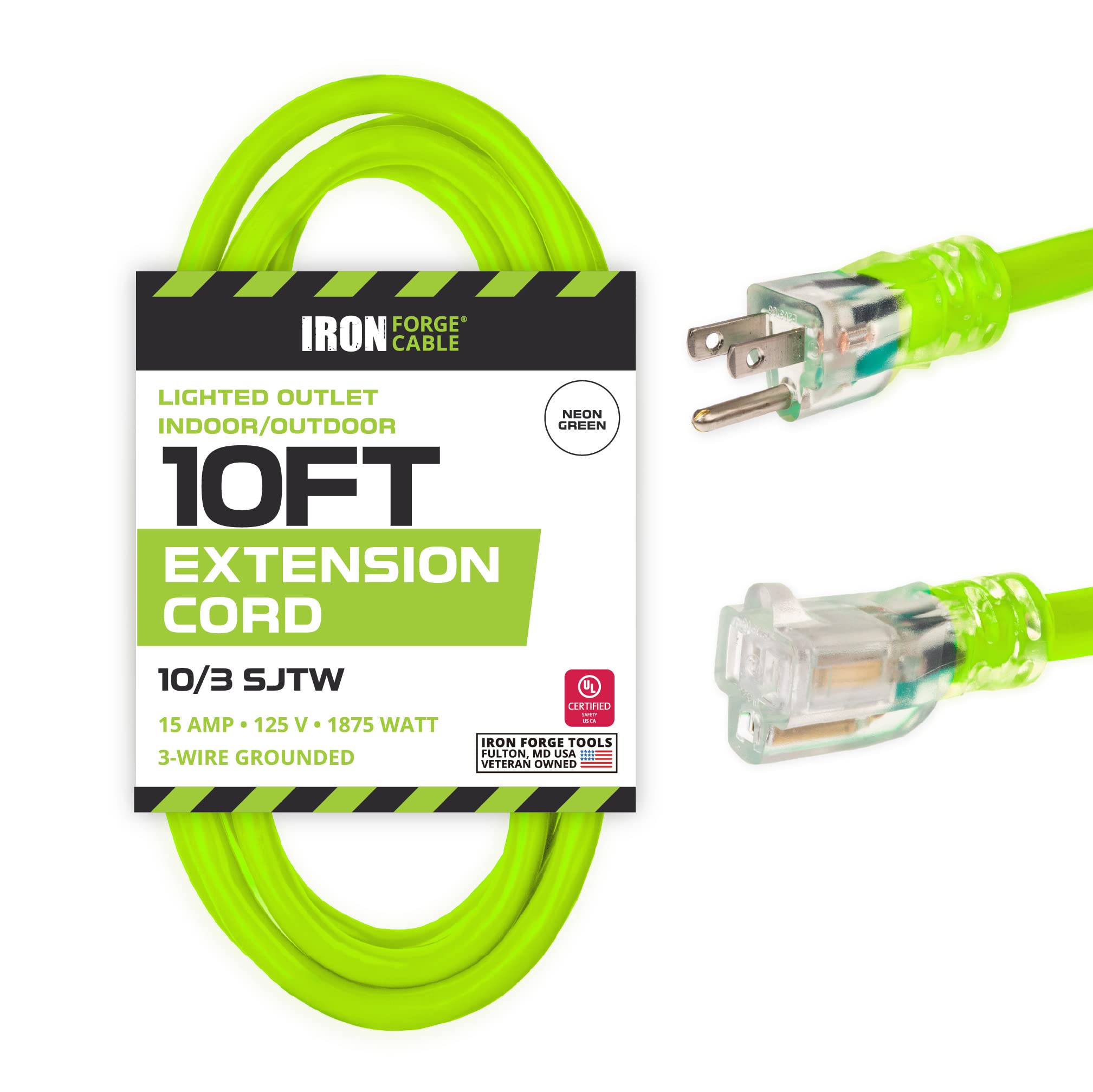 Iron Forge Cable 10 Gauge Extension Cord 10 Ft, 10/3 Heavy Duty Extension Cord 3 Prong Lighted End, Sjtw Weatherproof Light Gree