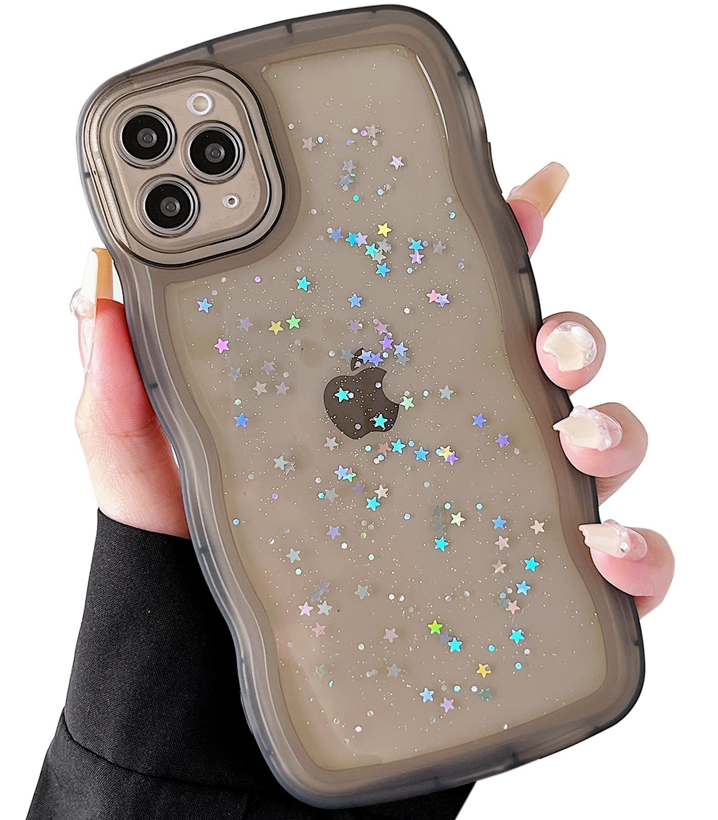Qokey For Iphone 11 Pro Case 5.8'' Curly Wave Edge Design Transparent Bling Glitter Star Shiny Case Cute Clear Transparent Full