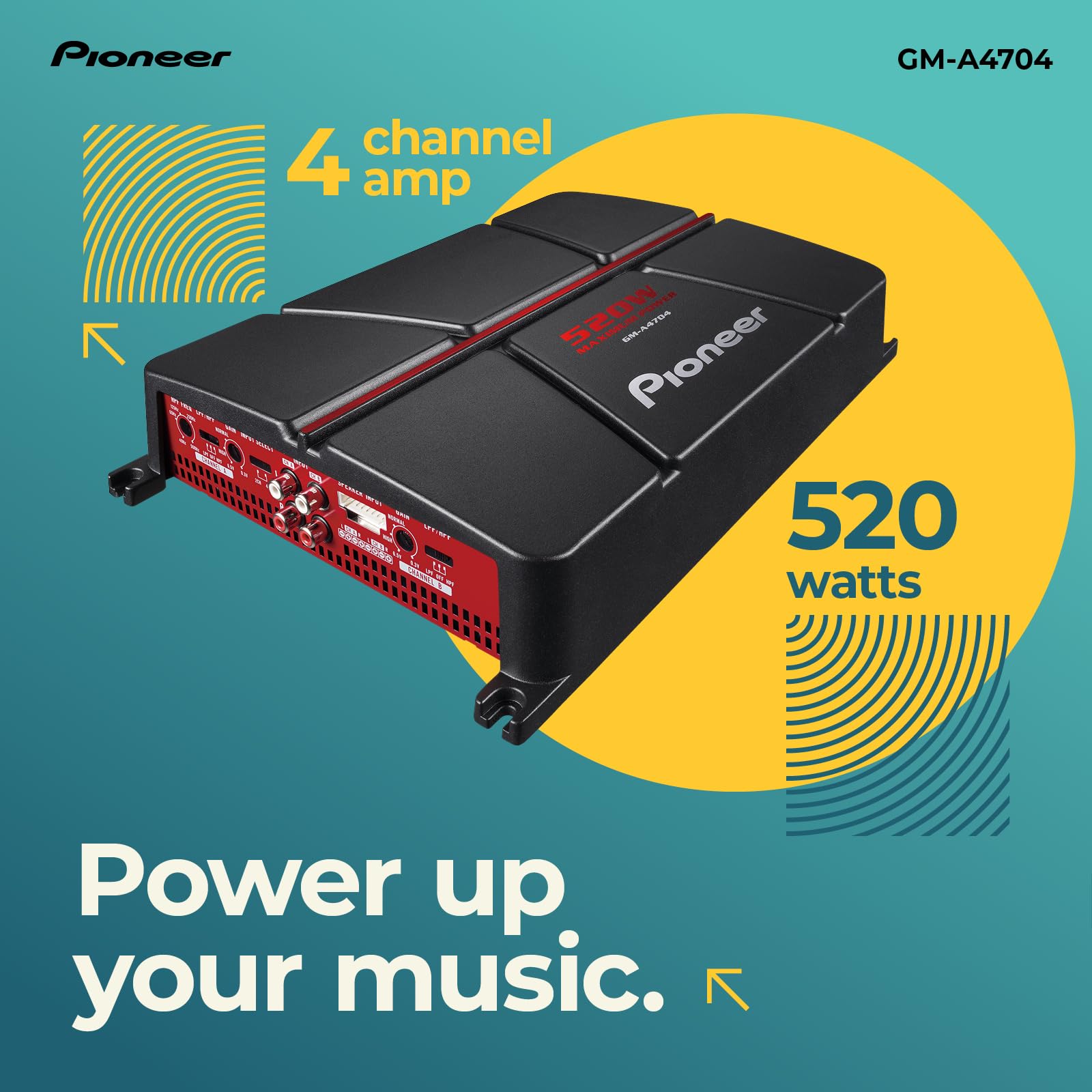 Pioneer GM-A4704 4-Channel Car Amplifier - 520W Max Power, Class AB, Black/Red