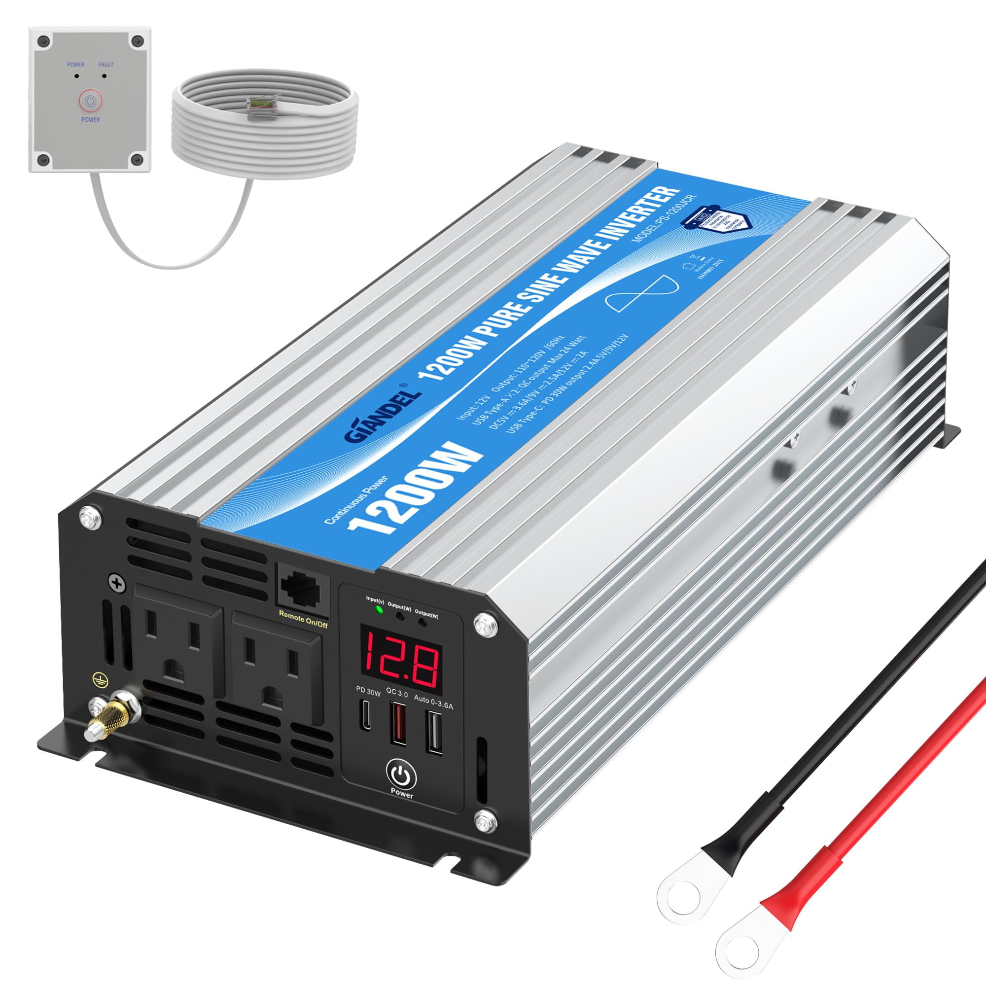Power Inverter Pure Sine Wave 1200 Watt 12V DC to 120V Lithium Battery Compatible with UL Fuses and USB-C PD30W and QC 3.0 Fast 