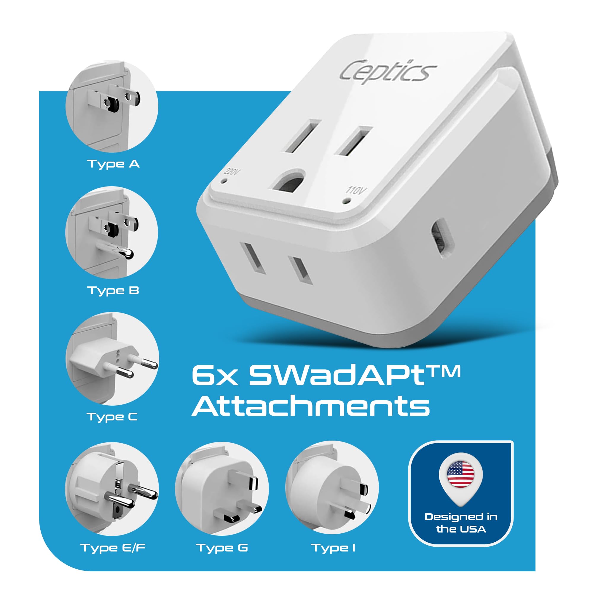 Ceptics World Travel Plug Adapter Set, Safe Usb C 3.0 2 Usa Socket,30W Pd & Qc   Compact & Powerful   Use In Europe Includes Typ