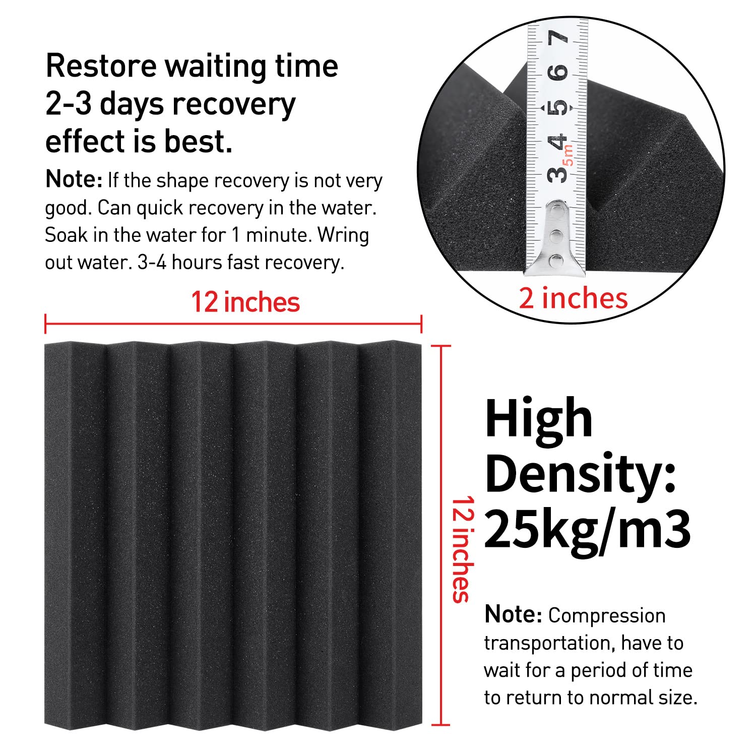 Focusound 24 Packs Acoustic Foam Panels 2'' X 12'' X 12'', Soundproofing Foam Noise Cancelling Foam With 120 Pcs Double Side Adh