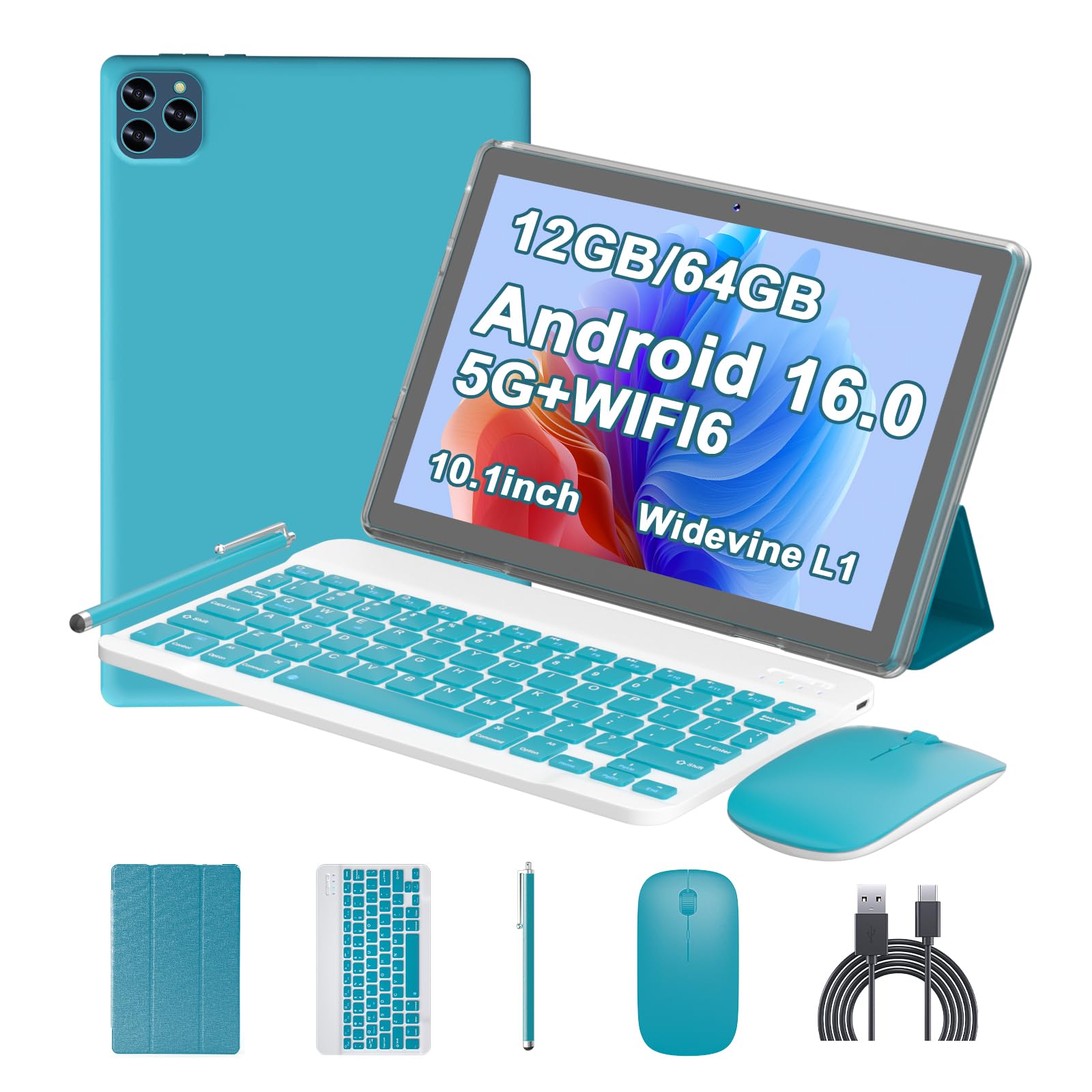 Android 16 Tablet 10 Inch, 12(3+9)GB RAM+64GB ROM, 2 in 1 Tablets with Keyboard Case Mouse Stylus, 2.0GHz Five-core Processor, 1