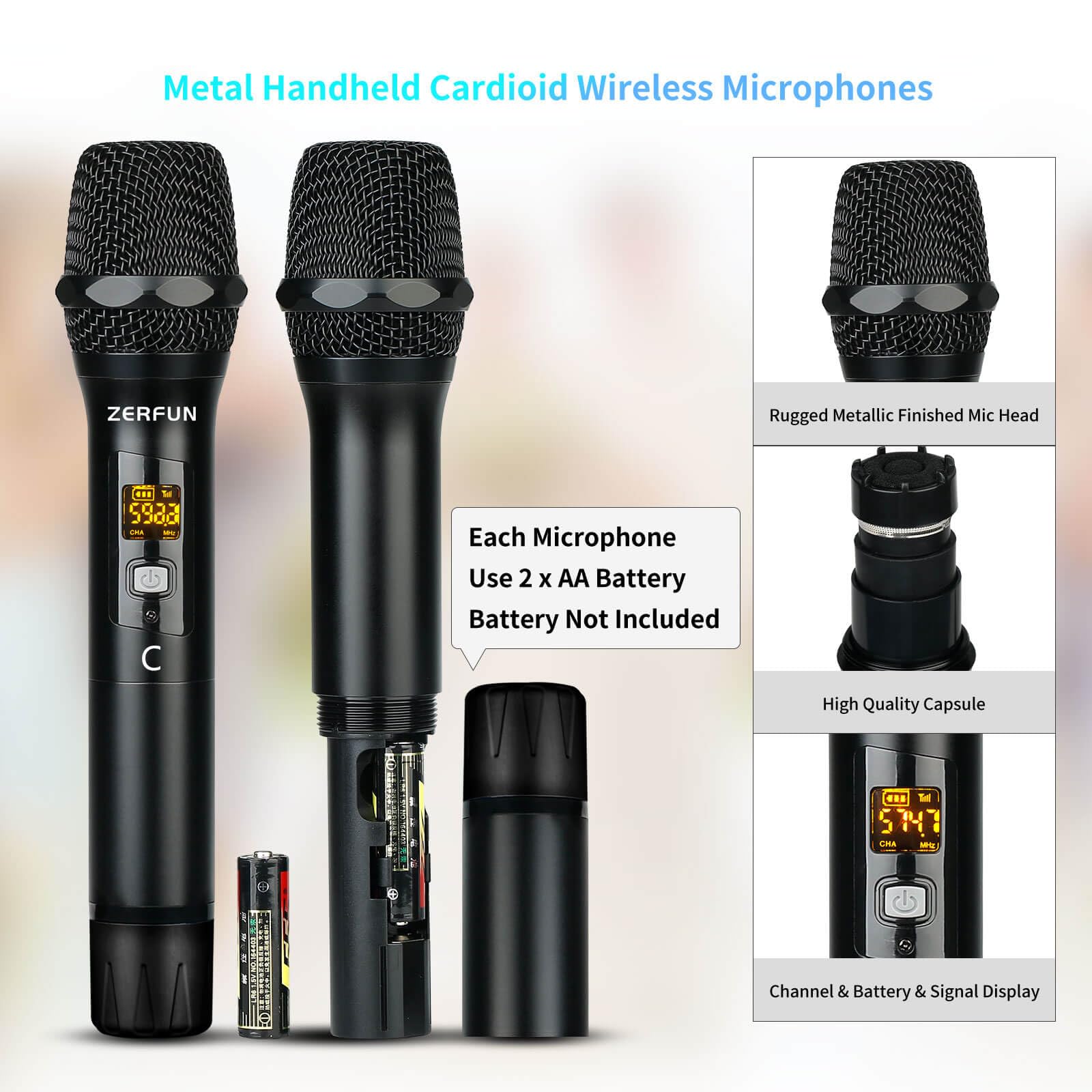 Zerfun Pro Wireless Microphone System 4 Channel, Uhf Metal Cordless Handheld Mics For Church Karaoke Singing, 4X50 Adjustable Fr