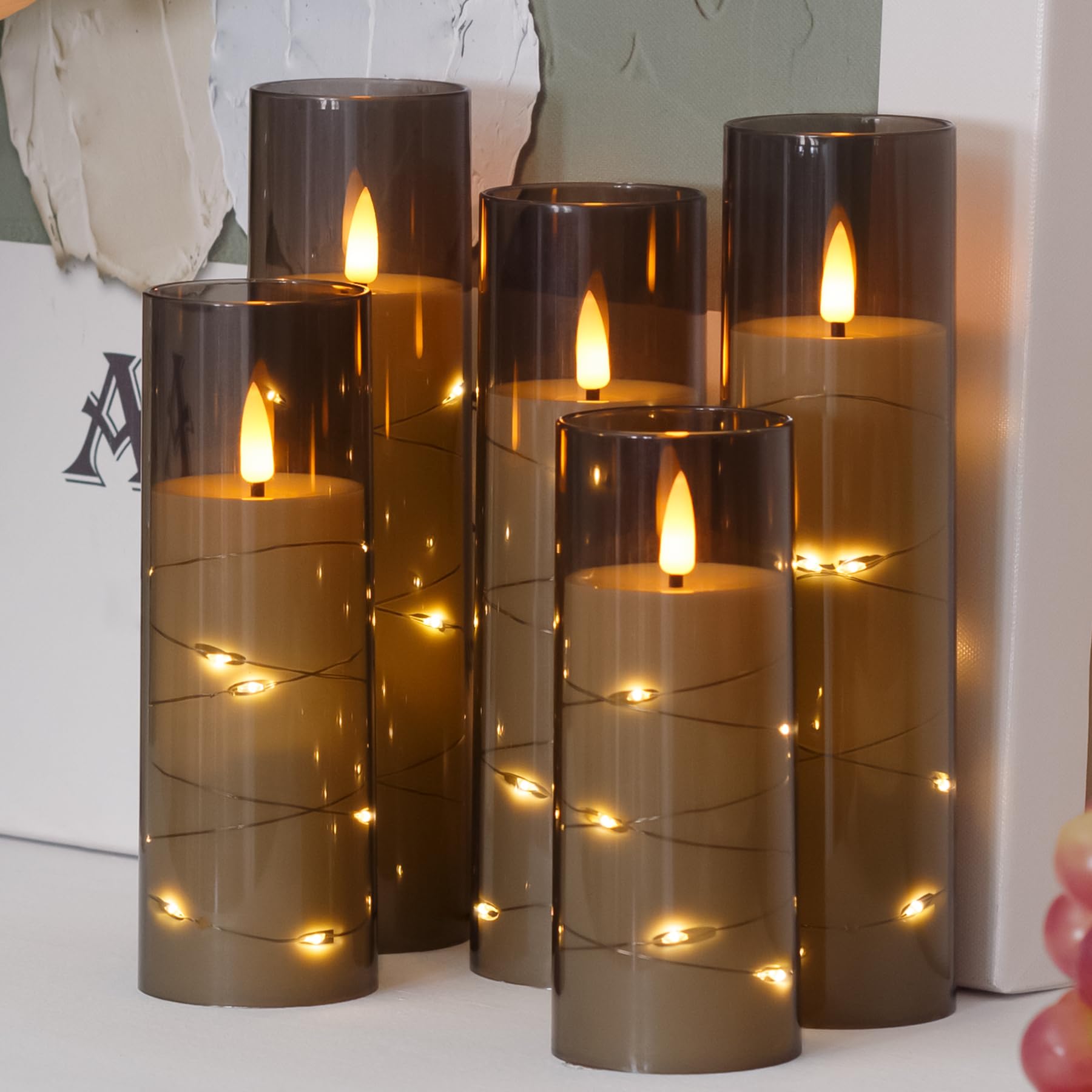Zevanor Flameless Flickering 2.2'' X5'' 6'' 7'' 8'' 8'' Candles, Led Battery Operated Grey Clear Plastic Timer Pillar Realistic