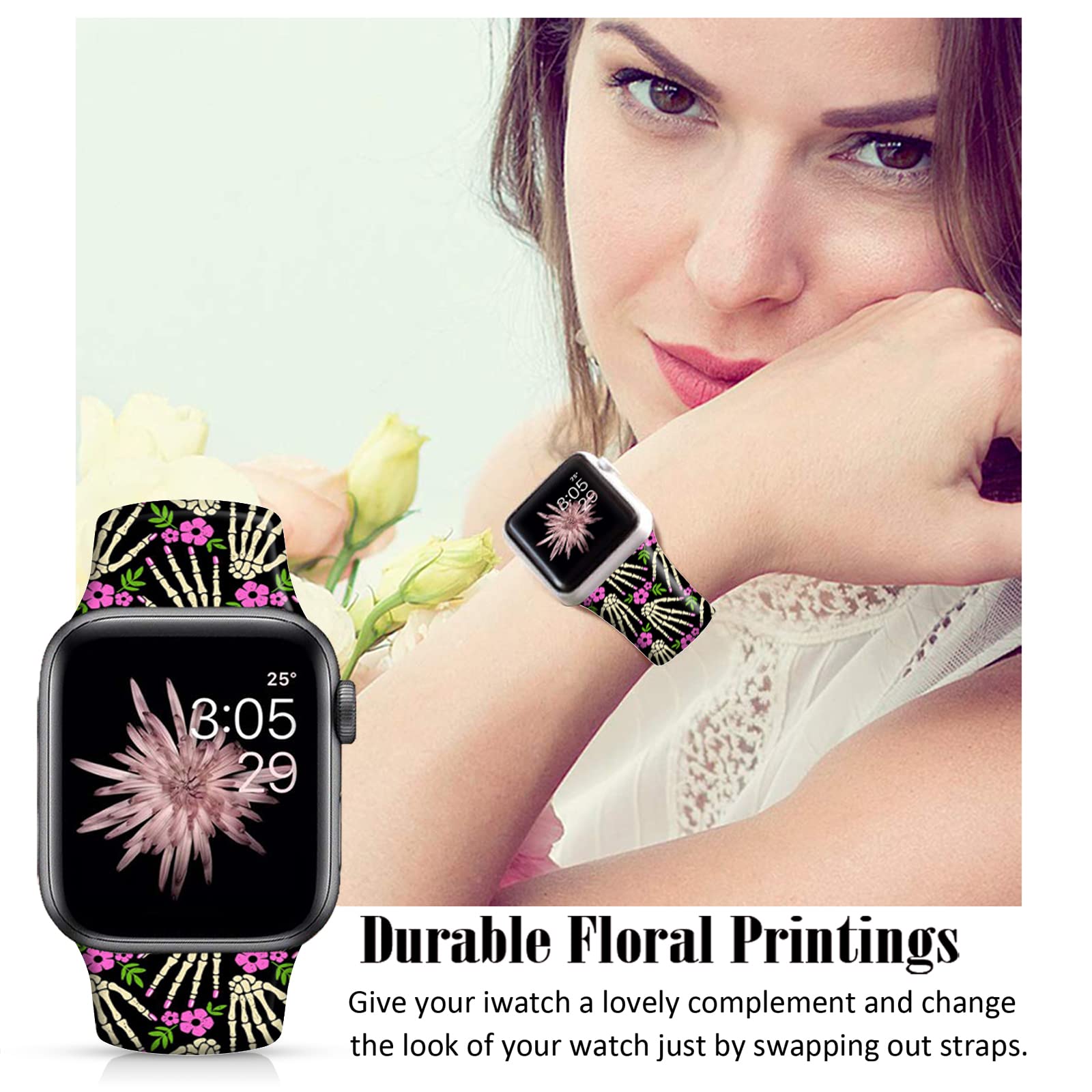 Ftfcase Halloween Sport Bands Compatible With Apple Watch 42Mm 44Mm 45Mm 49Mm For Women Men, Halloween Bones Flower Printed Soft