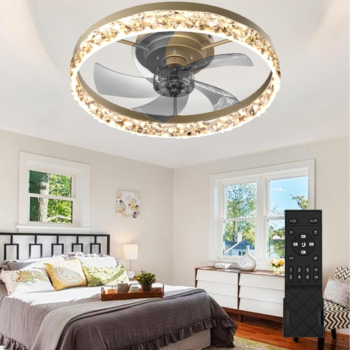 PSHRFANST 19.7 Ceiling Fans with Lights, 6-Speed Remote Control, Dimmable LED, Reversible Quiet DC Motor, Low Profile Flush Moun