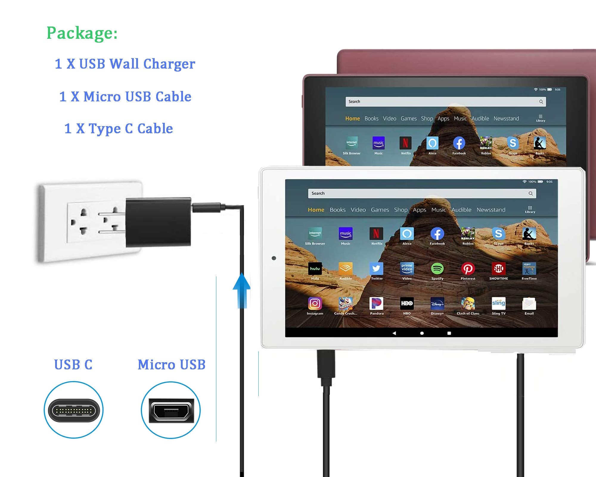Fast Charger Fit For Fire Hd10 Tablet With 5Ft Type C Micro Usb Cable For Charging All New Fire Hd 10 And Fire Hd 10 Plus,Kids P