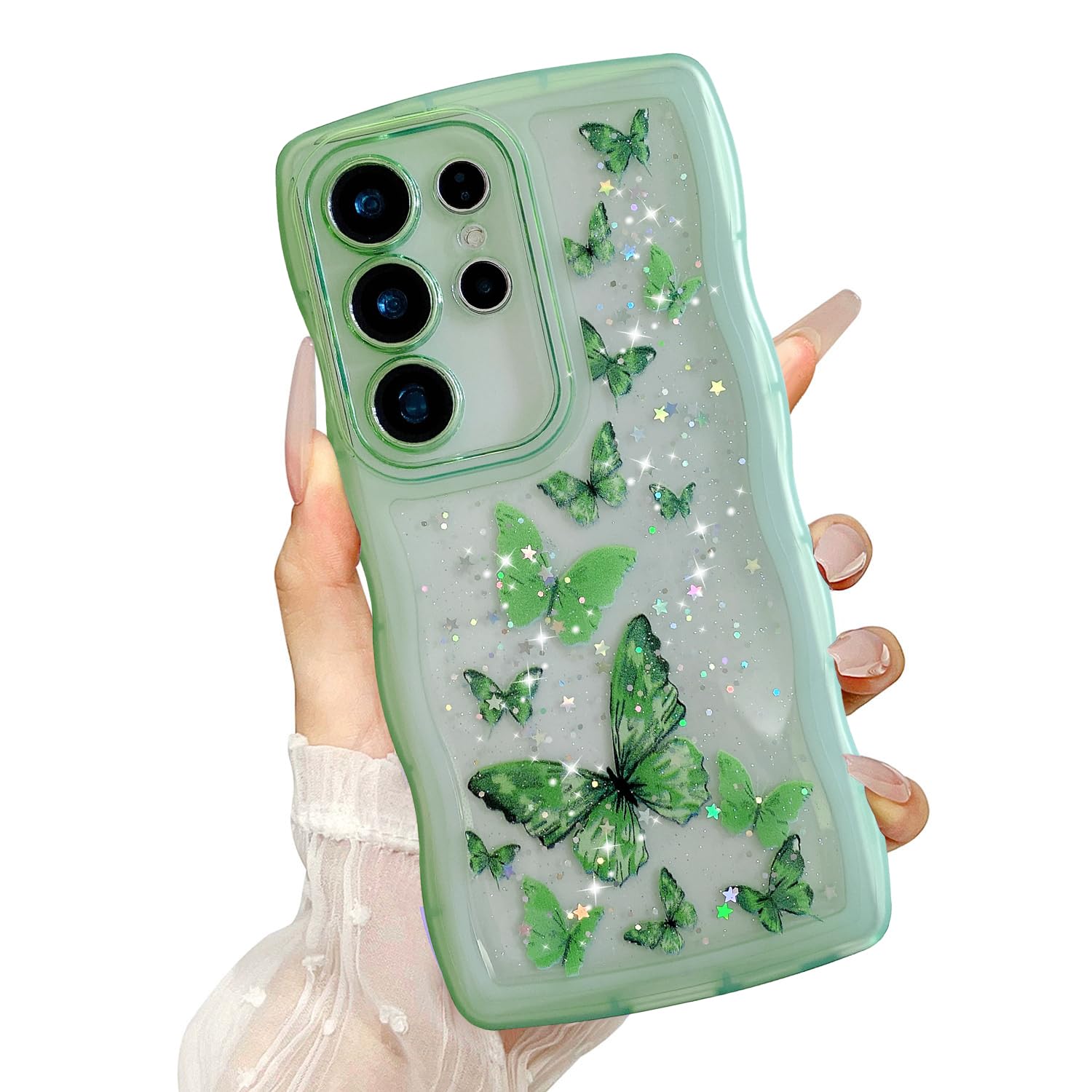 UEEBAI Wave Butterfly Case for Samsung Galaxy S25 Ultra Case, Pretty Bling Star Butterfly for Women Cute Shiny Glitter Phone Cov