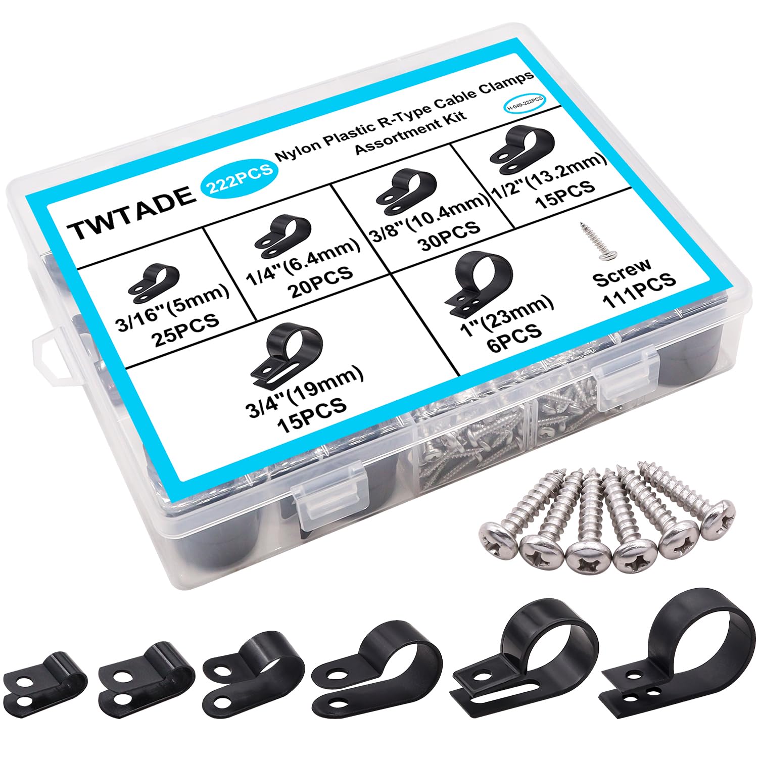 Twtade 222Pcs Black Cable Clamps Assortment Kit,Nylon Plastic R Type 6 Sizes 3/16'' 1/4'' 3/8'' 1/2'' 3/4'' 1'' Cable Mounting W