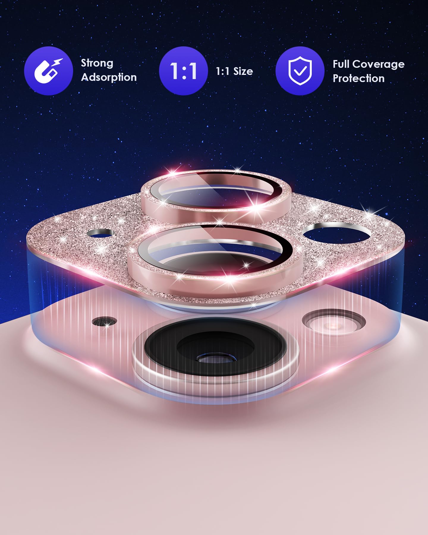 Kanosan Iphone 15 Pro/Pro Max 9H Tempered Glass Camera Lens Protector With Aluminium Alloy Ring, Glitter Plus, Case Friendly, Gl