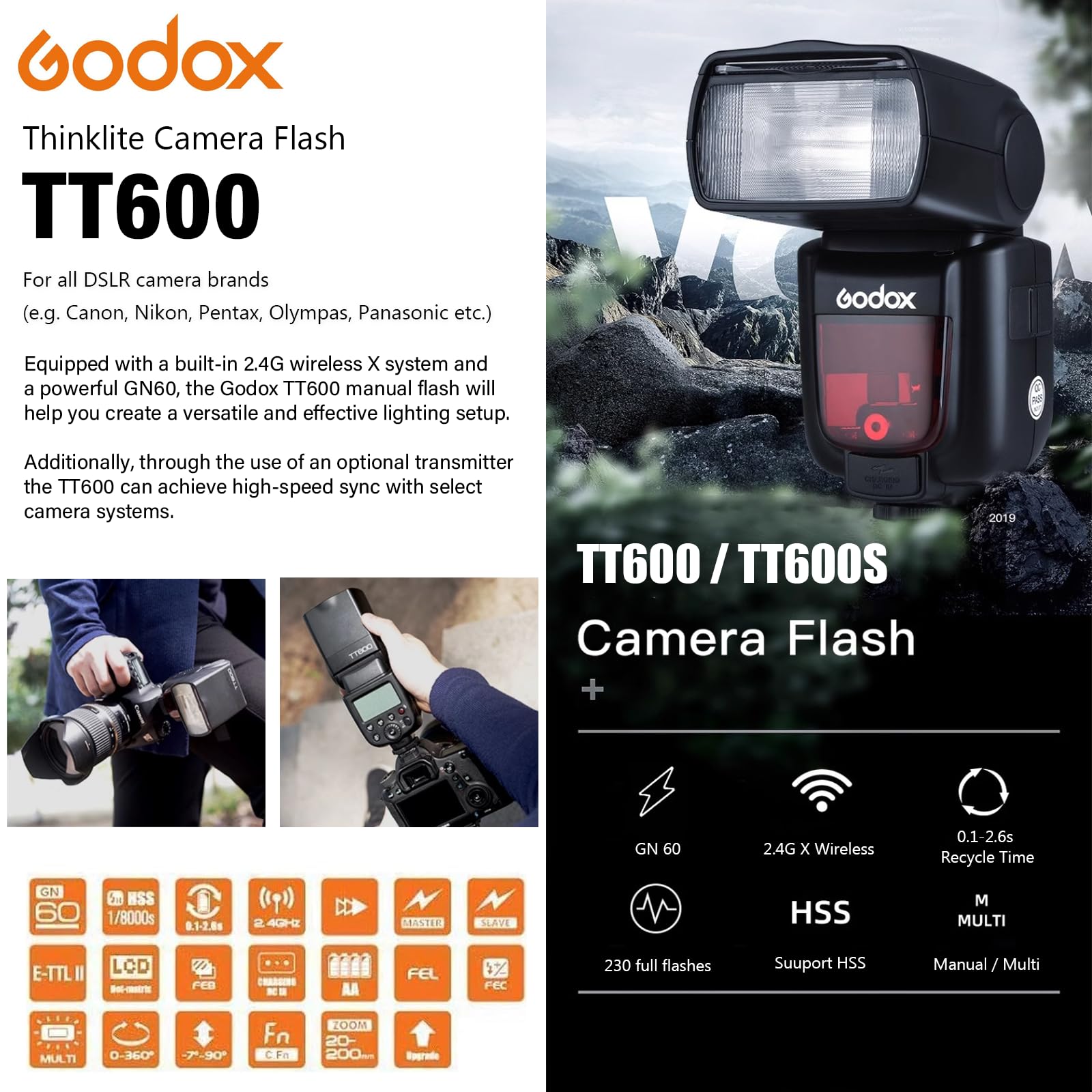 Godox Tt600 2.4G Wireless Camera Flash Speedlite With Diffuser, Master/Slave Gn60 Manual Flash, Hss When Paired Off Camera With