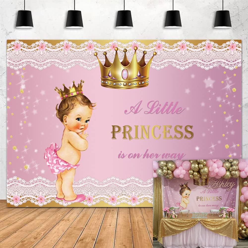 Ofila Princess Baby Shower Decoration Backdrop 7X5Ft Gold Crown Lace Pink A Little Princess Is On The Way Photography Background