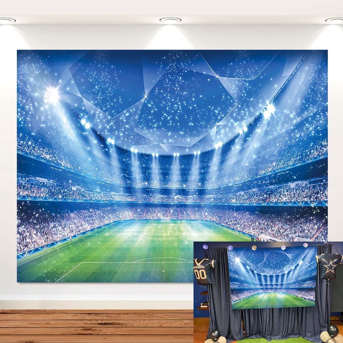 Soccer Field Backdrop Stadium Soccer Competition Fans Night Spotlight Background Adults Man Boy Birthday Party Football Match Wa