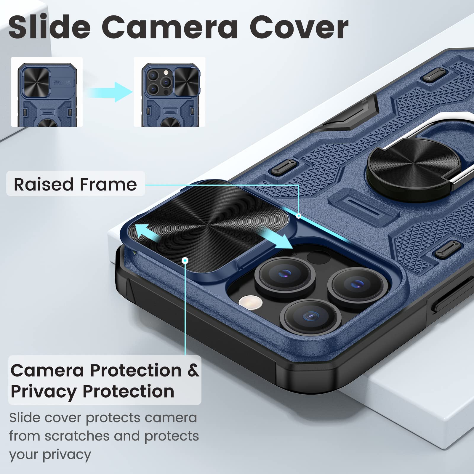 Caka Case For Iphone 13 Pro With Camera Cover & Kickstand, Iphone 13 Pro Case With Stand Ring Magnetic Magnet Slide Lens Protect