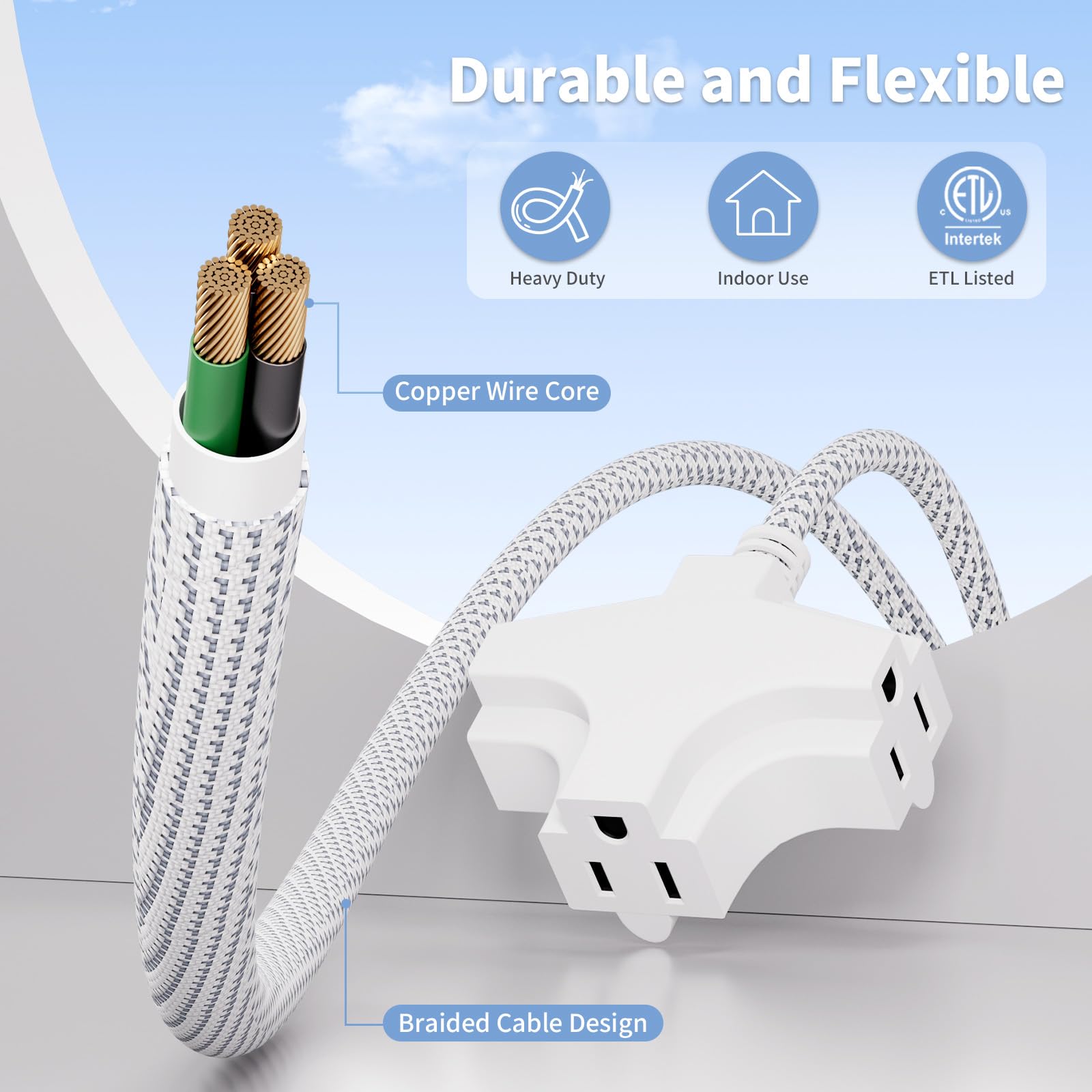 K Kasonic 3 Outlet Extension Cord, 6 Feet Flat Plug Extension Cord, 16/3 Sjtw 3 Wire Grounded, 13 Amp 125 V 1625 Watts, Braided