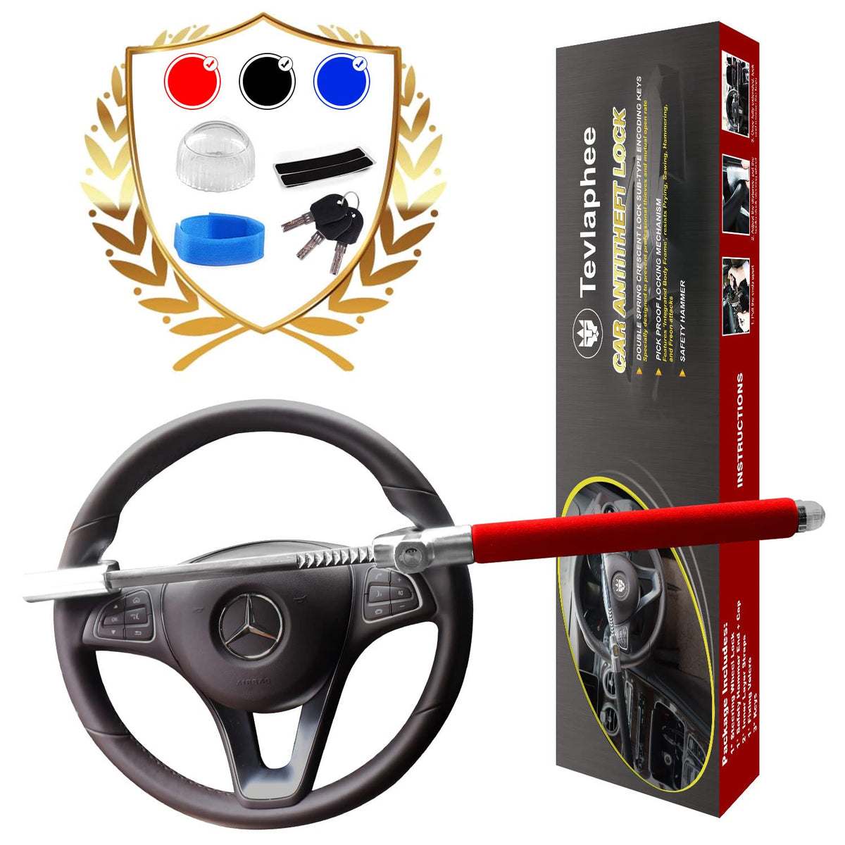 Tevlaphee Steering Wheel Lock Anti Theft Car Device Universal Prevention Adjustable Double Hook Emergency Hammer Window Breaker