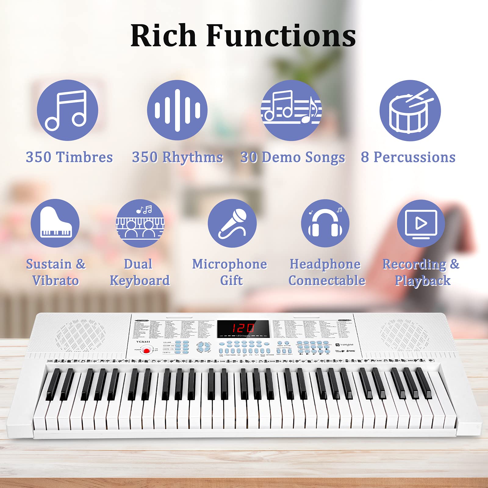 Vangoa Vgk611 Piano Keyboard For Beginner, 61 Keys Electric Keyboard Piano Portable Music Keyboard With Mini Lighted Keys, Elect