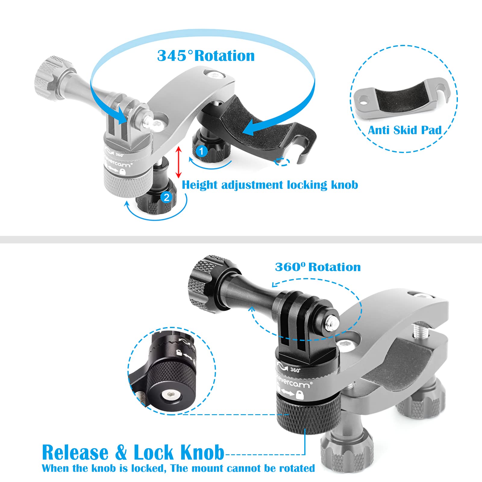 Forevercam Bike Handlebar Mount For Gopro (360� Rotation And Lock Any Direction) 0.6 1.3Inch All Aluminum Bike/Motorcycle Handlebars Seat Post Ski Pole Mount For Gopro Hero 8/9/10/11/12/13(Black)