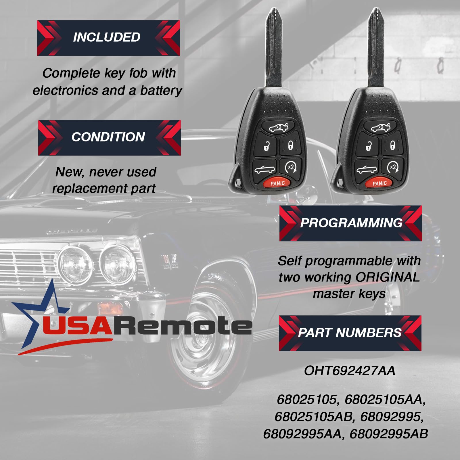 Car Key Fob Keyless Entry Remote Fits 2007-2010 Chrysler Sebring/2011-2014 Chrysler 200 (Oht692427Aa 6-Btn, Set Of 2)