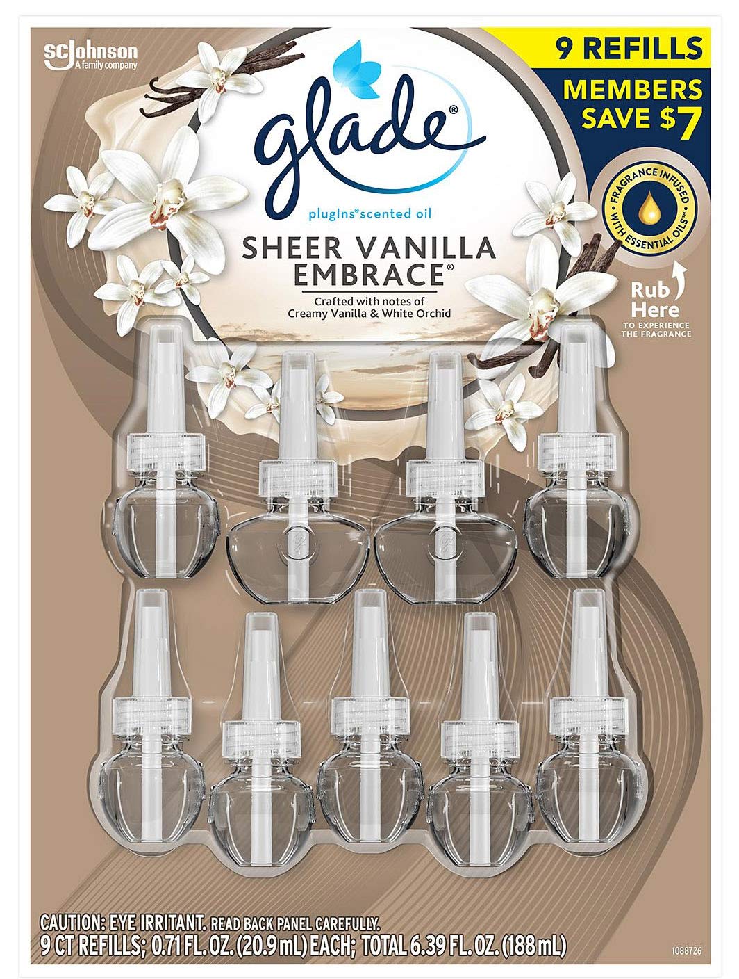 Glade Plugins Scented Oil Warmers Sheer Vanilla Embrace Essential Oil Infused Wall Plug In, 6.39 Ounce, 9 Refills