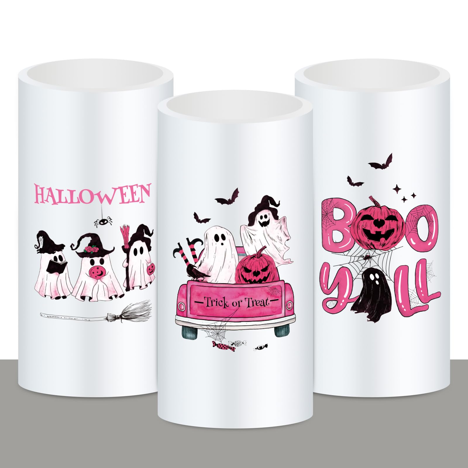 Whaline Halloween Led Flameless Candles Pink Ghost Pumpkin Warm Light Battery Operated Pillar Candles Electric Flickering Candle