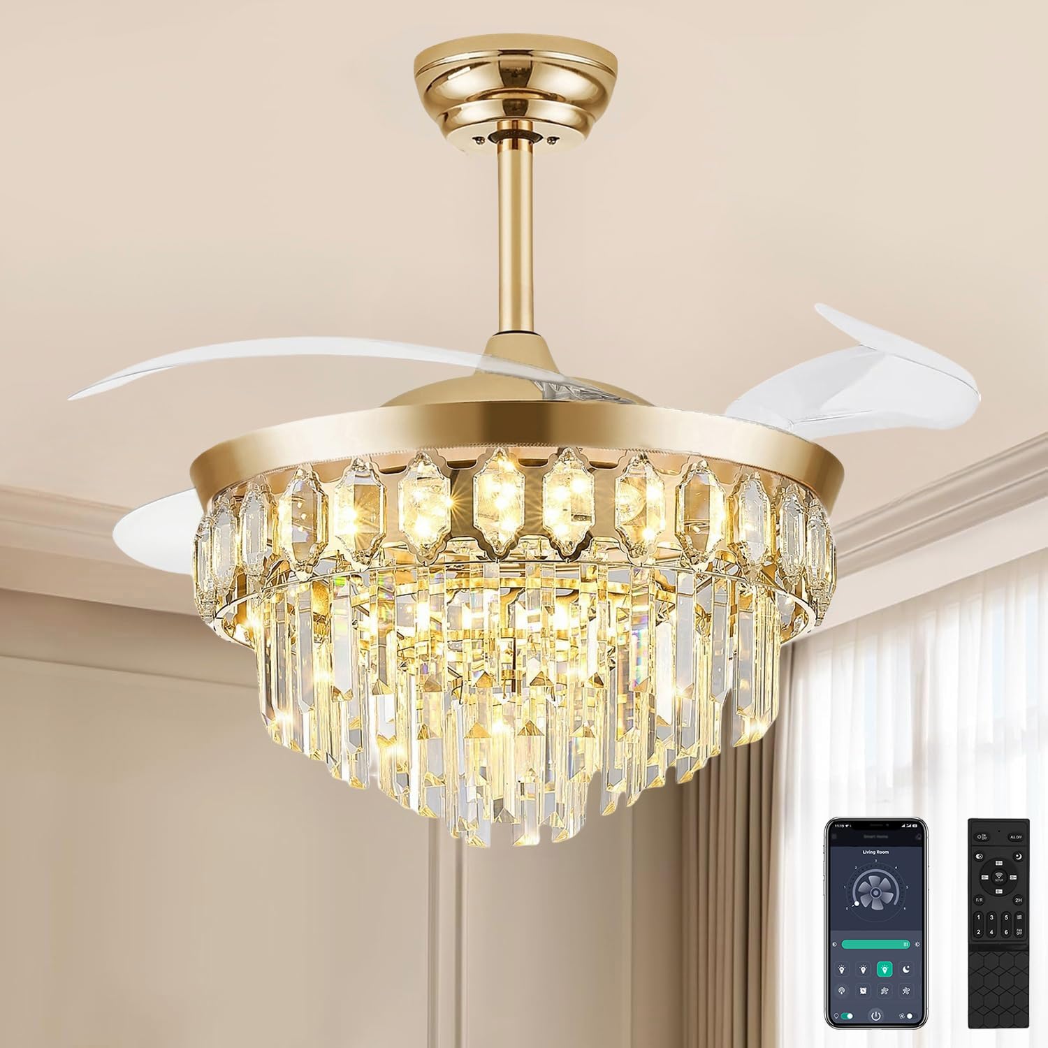 FIDGRA 42   Fandelier Ceiling Fan with Light, Chandelier Fan Retractable Ceiling Fan for Bedroom, Living Room, LED Dimmable, 3