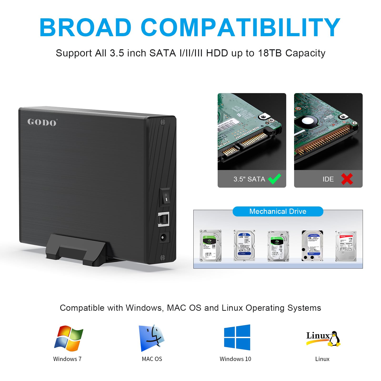 Godo Usb 3.0 To 3.5 Inch Hard Drive Enclosure, Vertical External Hard Drive Docking With Stand For 3.5 Inch Sata Hdd Ssd, Alumin