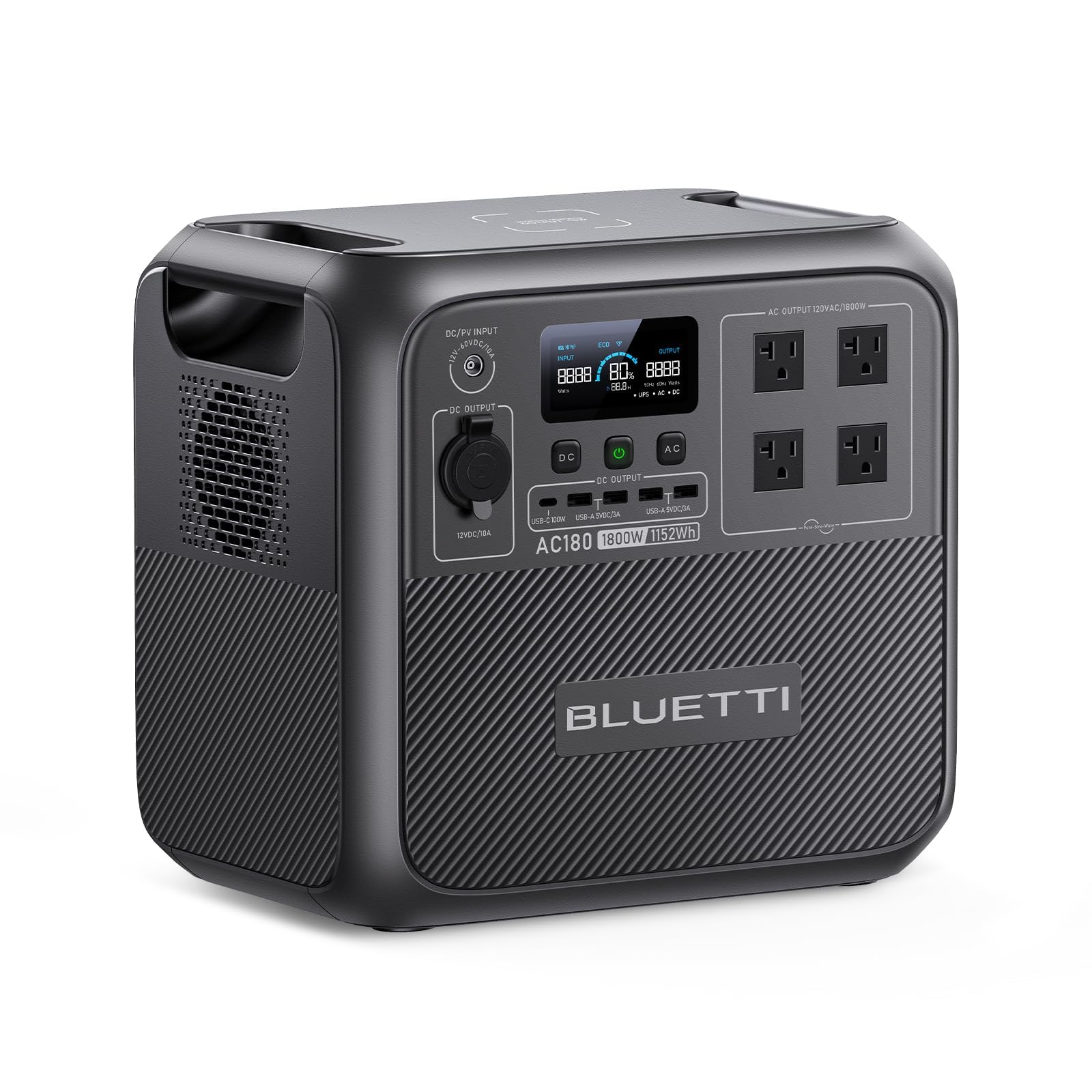 Bluetti Portable Power Station Ac180, 1152Wh Lifepo4 Battery Backup W/ 4 1800W (2700W Peak) Ac Outlets, 0 80% In 45 Min., Solar