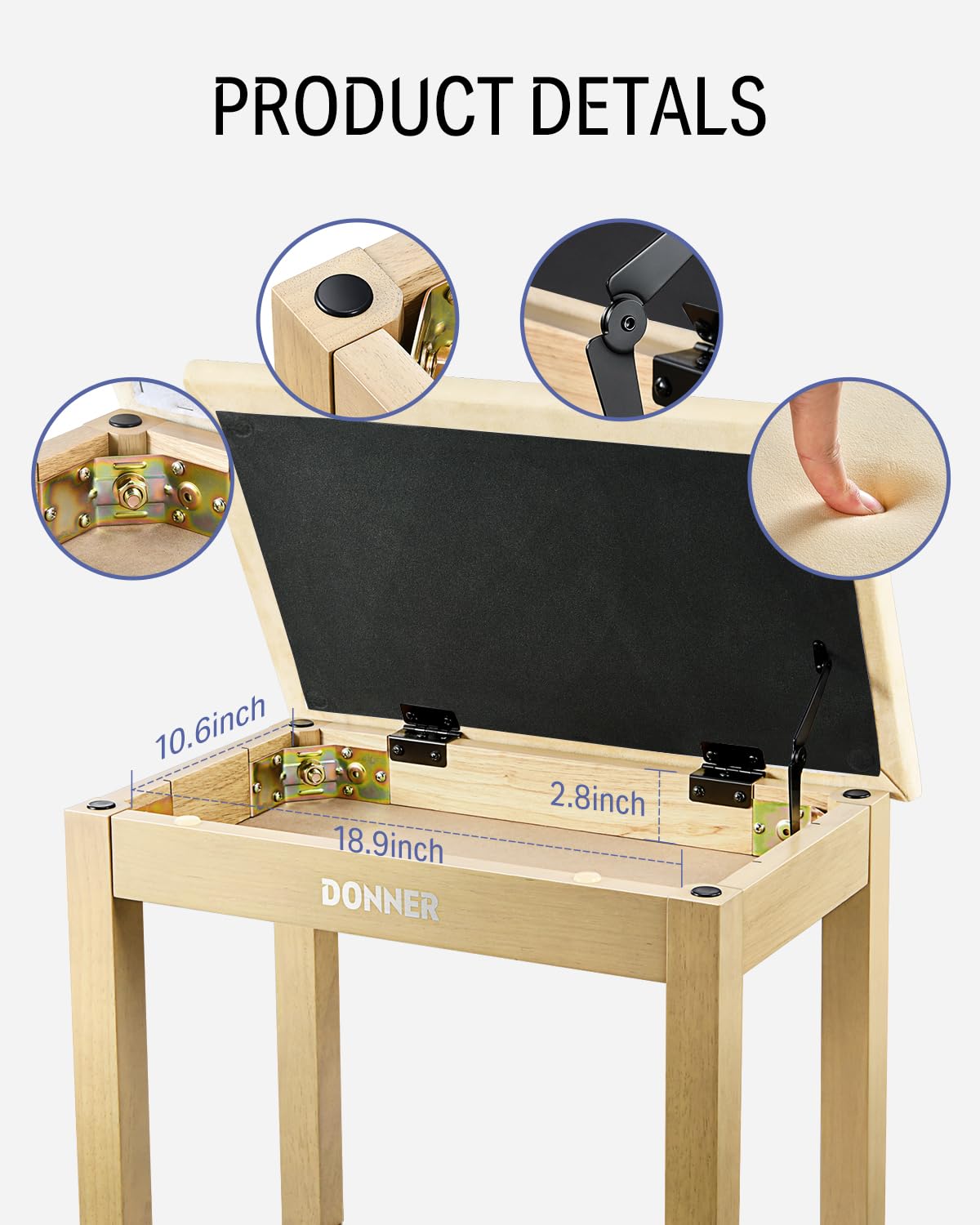 Donner Piano Bench With Storage, Solid Wood Keyboard Bench Piano Bookcase Stool Chair Seat With High Density Suede Cushion, Ligh