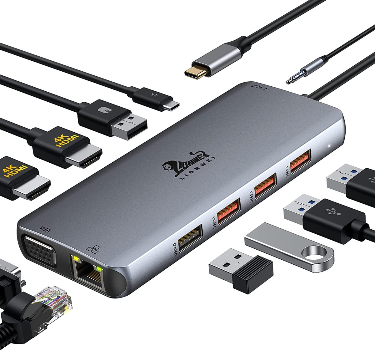 Lionwei Usb C Docking Station Dual Monitor, 11 In 1 To 4K Hdmi,Vga,Gigabit Ethernet,3 Usb 3.1 10G,2 Usb 2.0,87W Pd,Audio For Dell/Surface/Hp/Lenovo Laptops