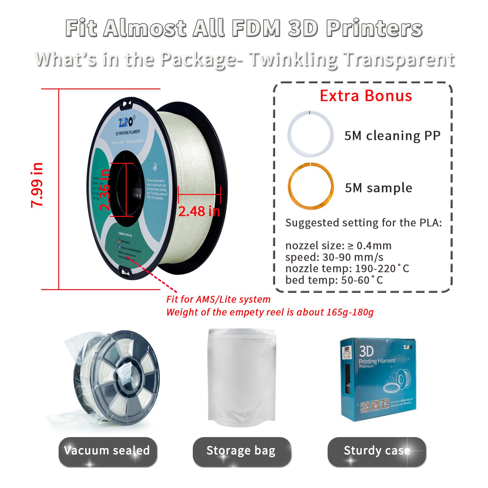 Ziro Glitter Pla Filament 1.75Mm, 3D Printer Filament Shiny Sparkle Pla With Glitter, Twinkle Series 1.75 1Kg/2.2Lbs Translucent