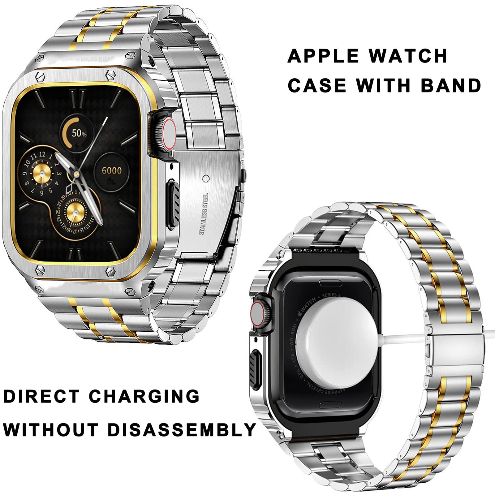 Haslfm Stainless Steel Watch Band With Case Compatible With Apple Watch Series 9/8/7/6/5/4/Se/3/2/1(41Mm/40Mm/38Mm),Metal Strap