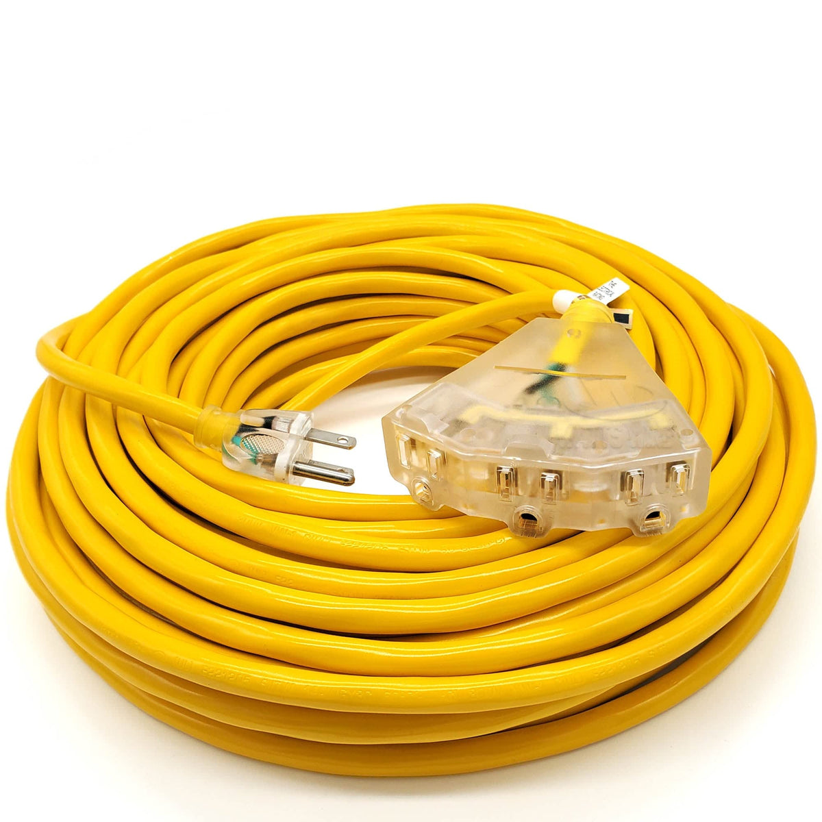 100 Ft   14 Gauge Heavy Duty 3 Outlet Lighted Sjtw Indoor/Outdoor Yellow Extension Cord By Watt'S Wire   Long 100' 14 Gauge Grou
