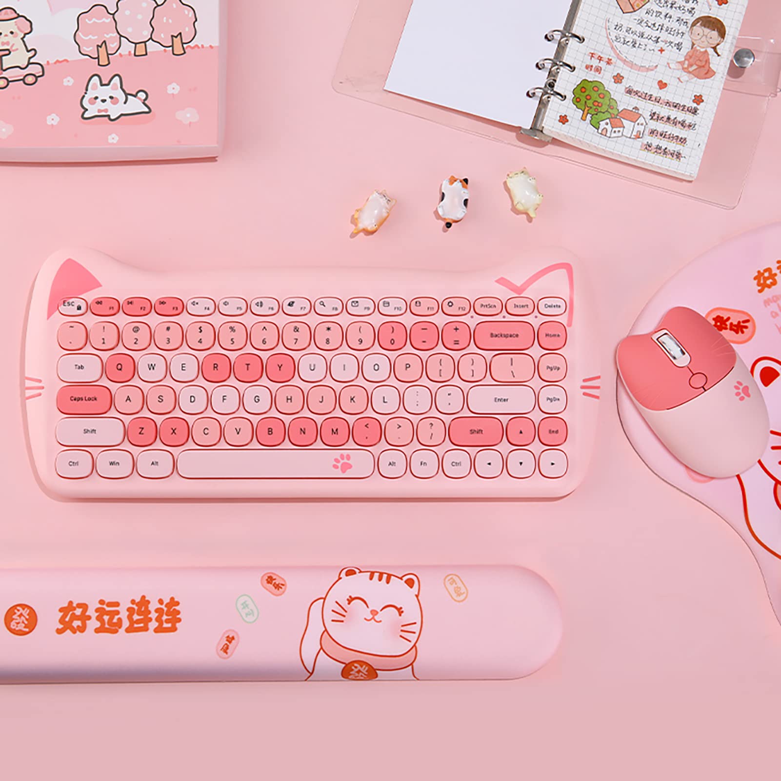 Cute Cat 2.4G Usb Wireless Keyboard And Mouse Combo, Silent Keys, Candy Colors, Compatible With Notebook, Pc (Pink 84Keys)