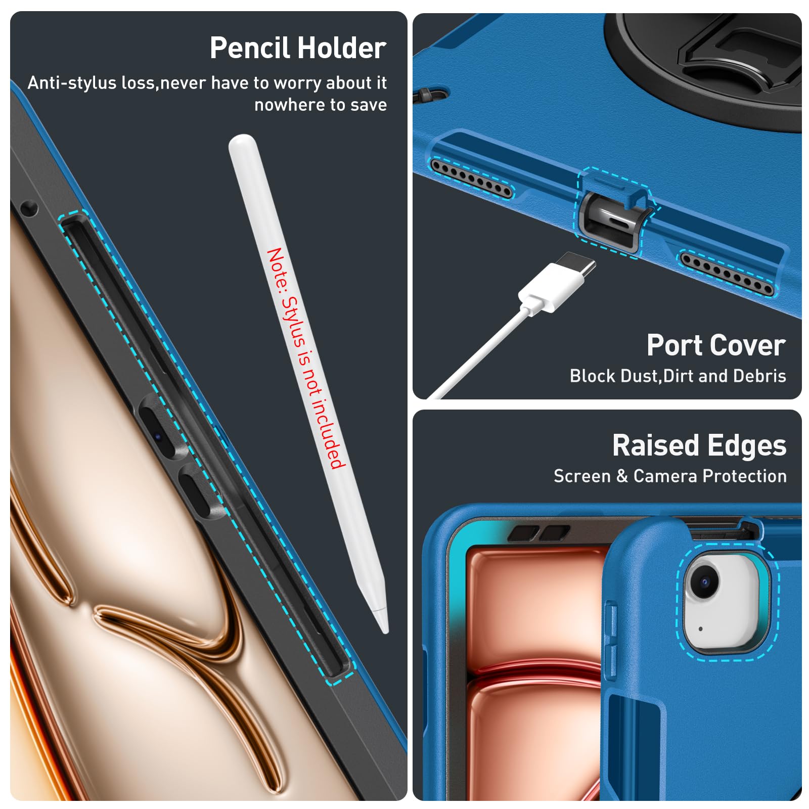 Supfives Case For Ipad Air 13 Inch 2024,With Screen Protector+Hand Strap+Shoulder Strap+Rotating Kickstand+Pencil Holder,Blue