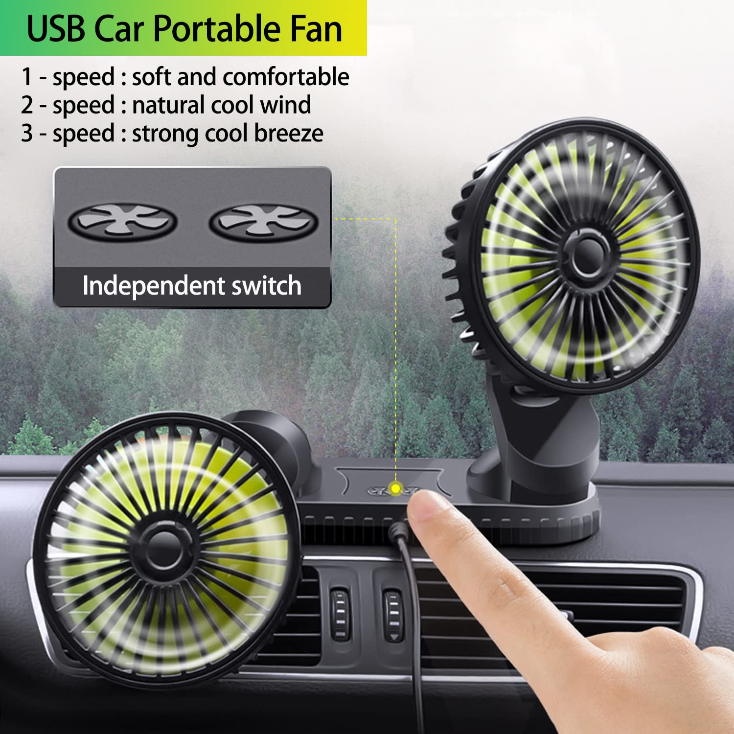 Car Cooling Fan,360� Adjustable Dual Head Cooling Air Fan Brushless Motor Low Noise Automobile Vehicle Fan Micro Usb For Car/Suv/Rv/Truck/Boat Use (Without Coloured Light)