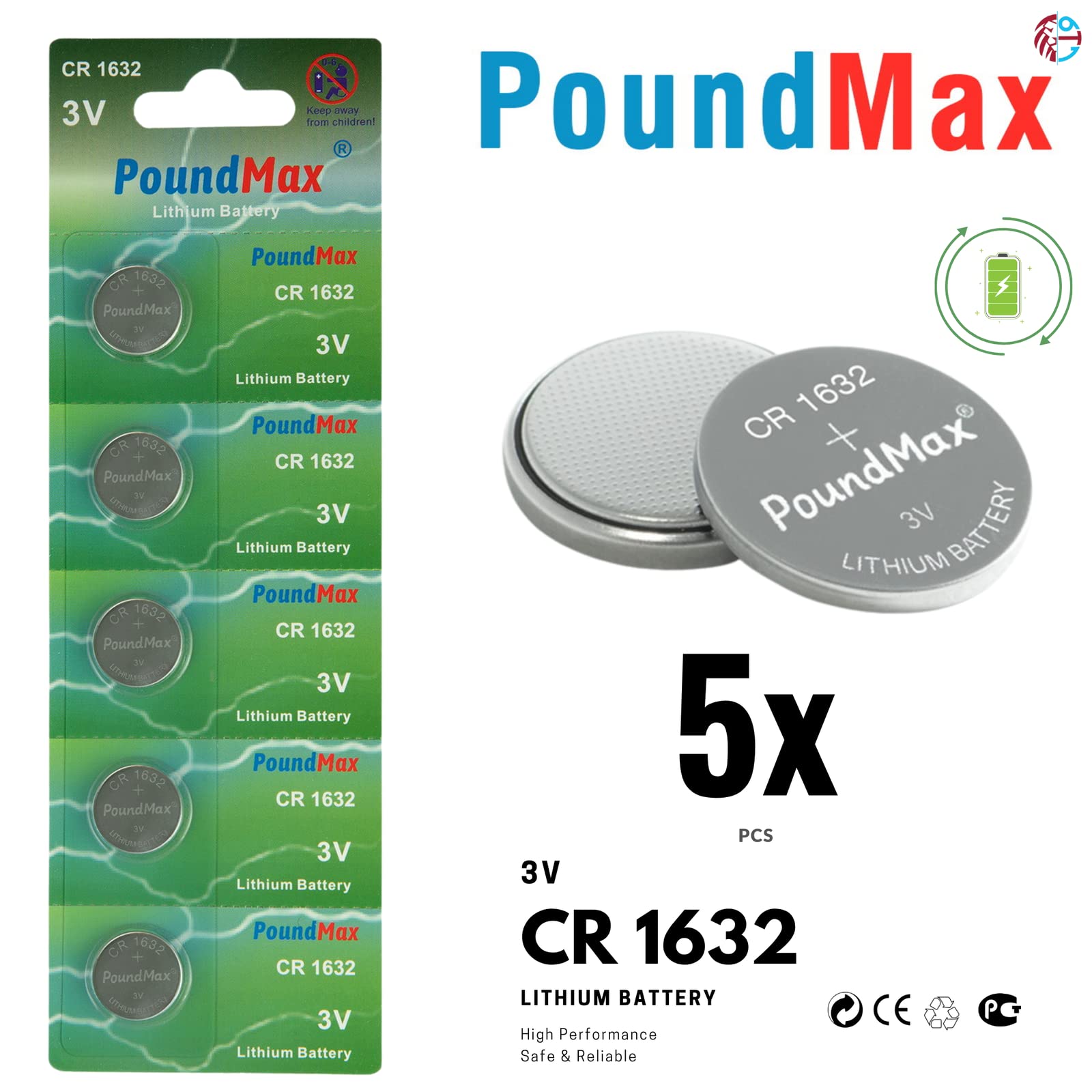 Poundmax Cr 1632 Batteries 3V Lithium Button Cell Battery Combo Pack   5 Count