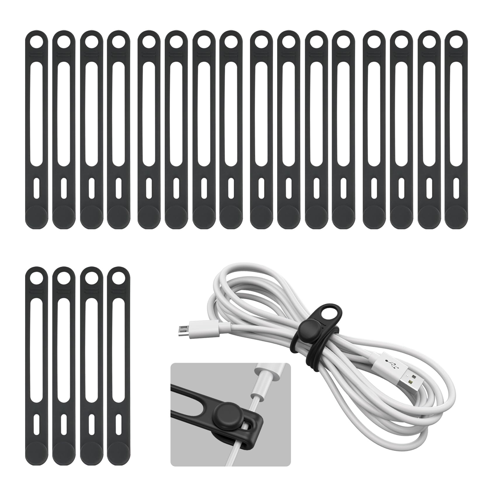 20 Pack Silicone Cable Ties Cord Organizer Reusable, Kanemc Cord Wrap Wire Organizers Cable Strap For Electronics, Even As Curta