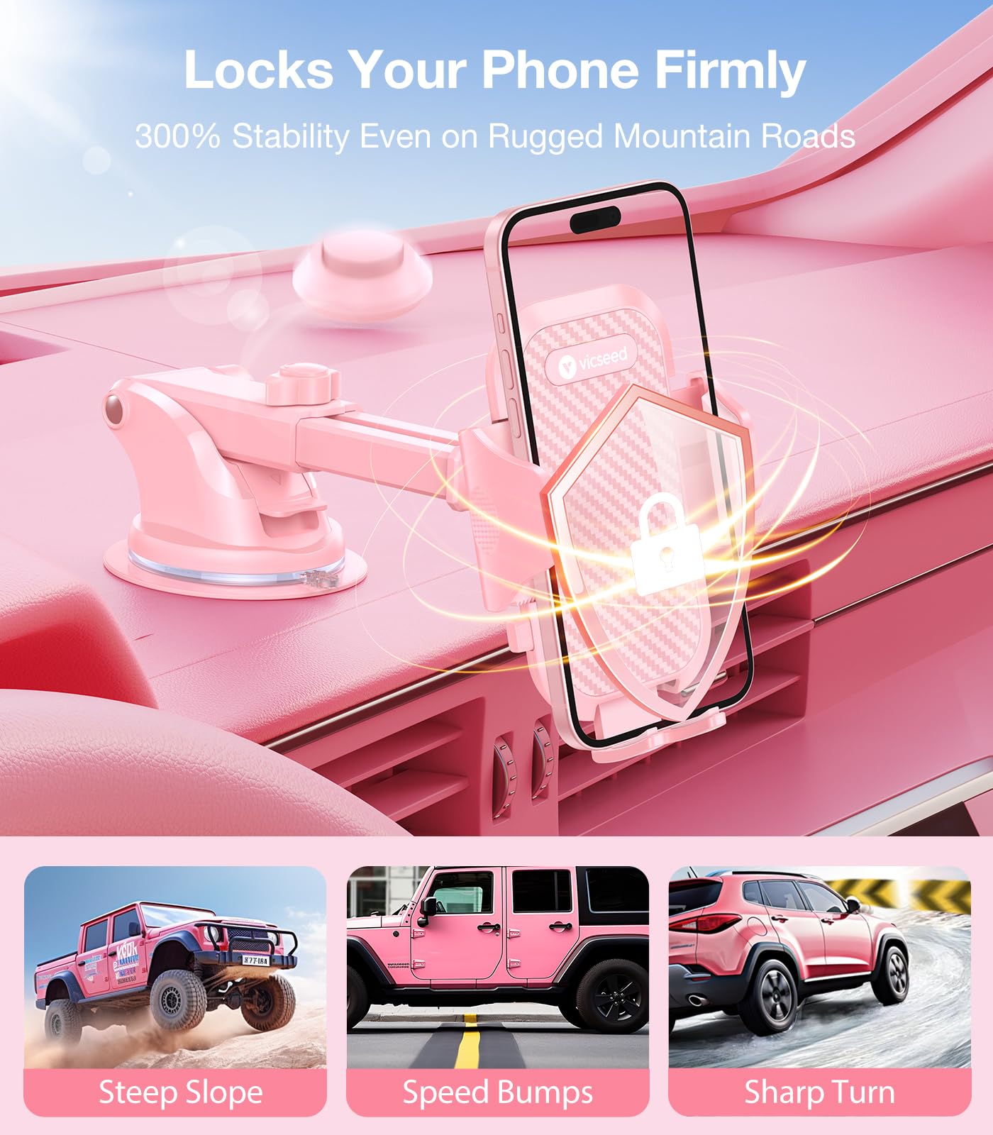 VICSEED Pink Phone Holder for Car - Sturdy Dashboard Windshield Mount with Powerful Suction for iPhone & Android, Hands-Free Accessory