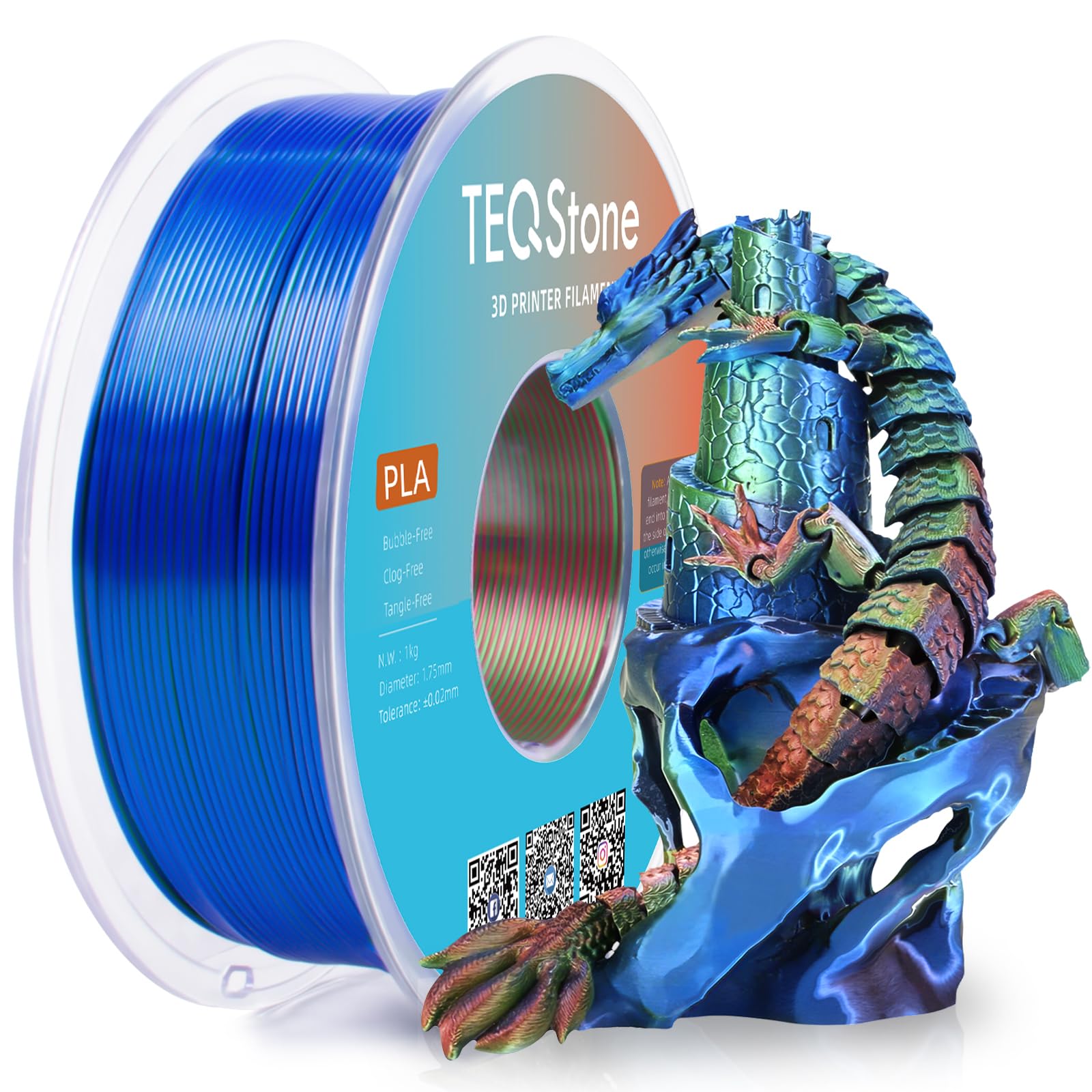 TEQStone Tri Color Silk PLA Filament 1.75mm Red Blue Green 1KG, Shiny High Gloss Finish, Seamless Color Transition, Neatly Wound