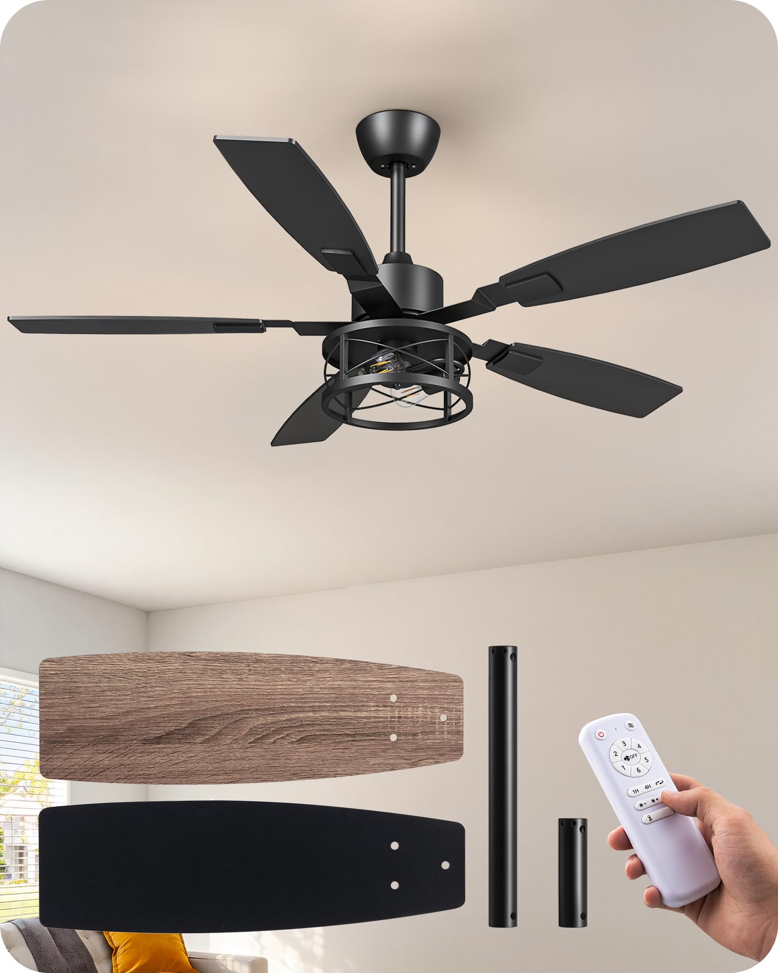 EDISHINE 52 Farmhouse Ceiling Fans with Lights and Remote, 10%-100% Dimmable, 6 Speeds, 5 Wood Blades, Reversible DC Motor, Time