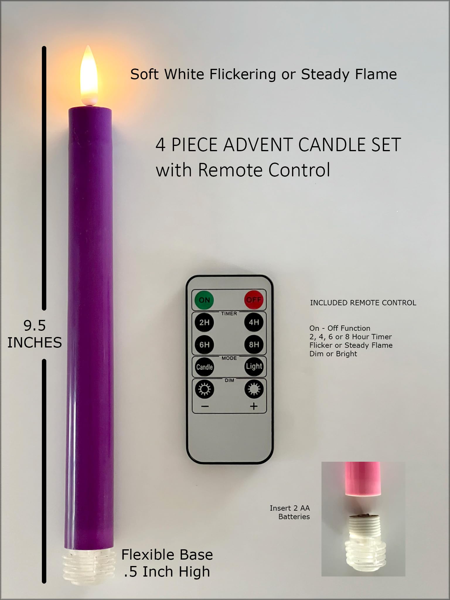 Flameless Advent Candle Set 4 Piece Led Advent Taper Candles Purple And Pink   Soft White Flickering Flame   Remote Control