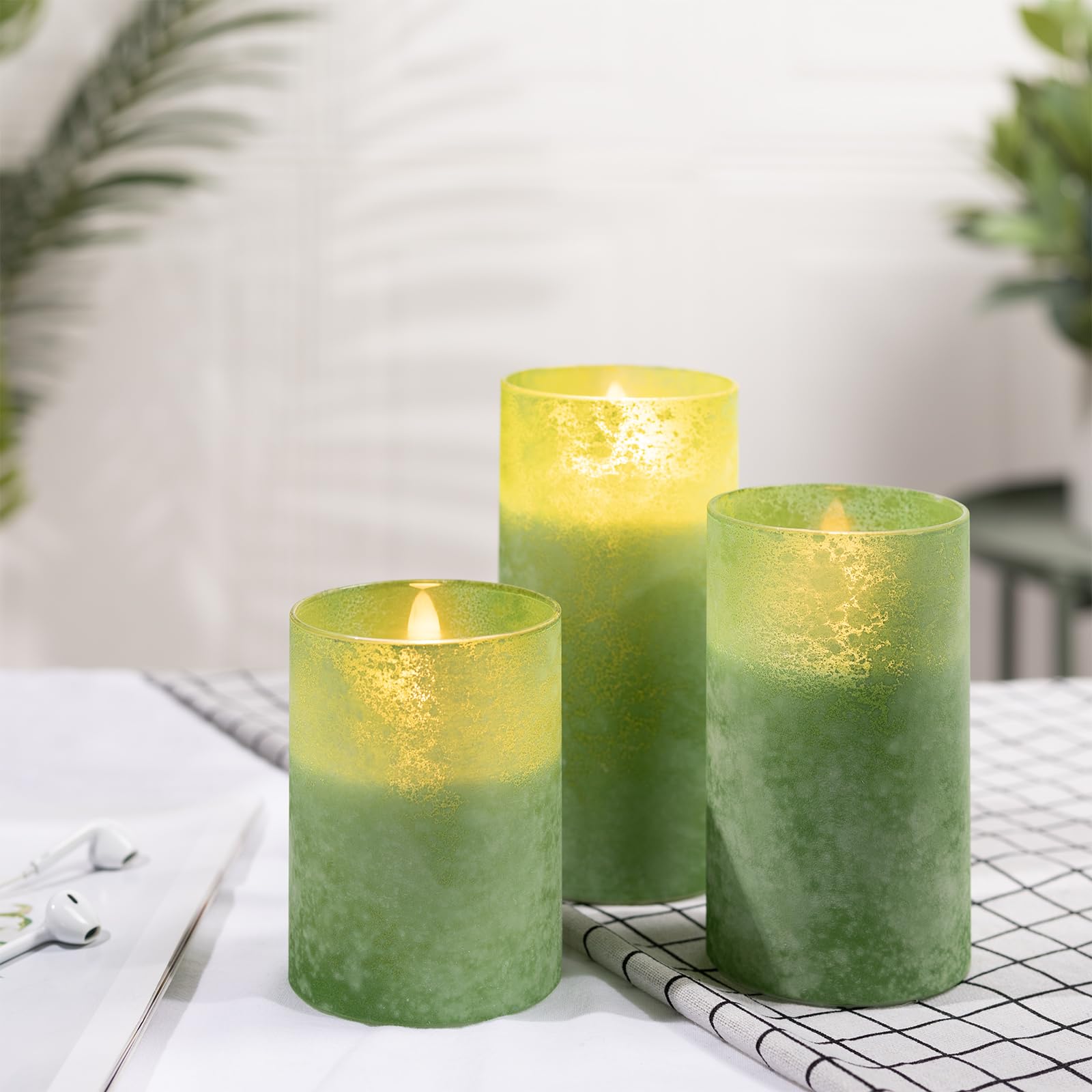 Mingfuxin Green Flameless Candles, Flickering Battery Operated Candles, Led Pillar Indoor Candle With Remote & Timer For Bedroom