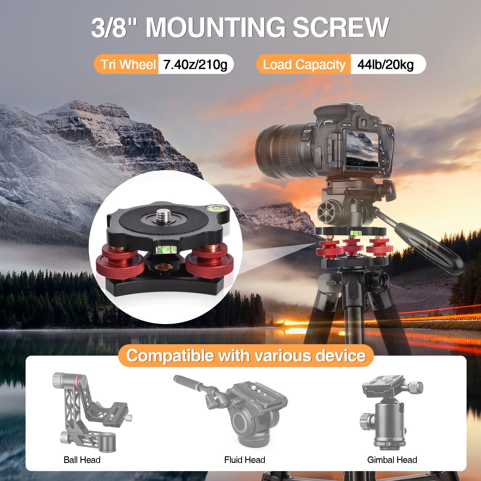 Tripod Leveling Base,Tripod Head Leveling Base Camera Leveler,Tripod Leveler,3/8   Thread,+/ 5Precise Angle Adjustment,Aircraft