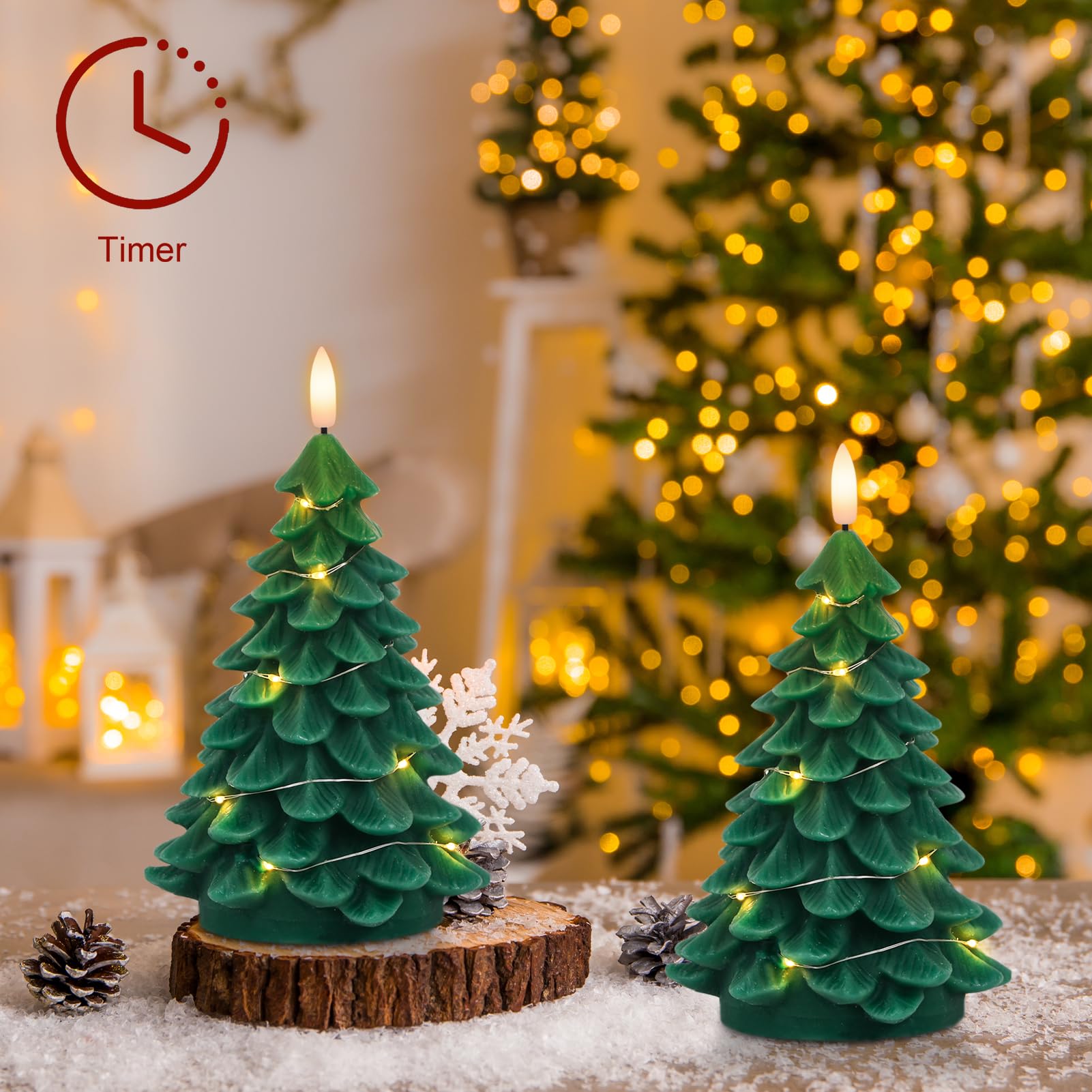 Dromance Christmas Tree Flameless Candles String Lights With 11 Key Remote And Timer, 2 Pack Green Real Wax Battery Operated 3D